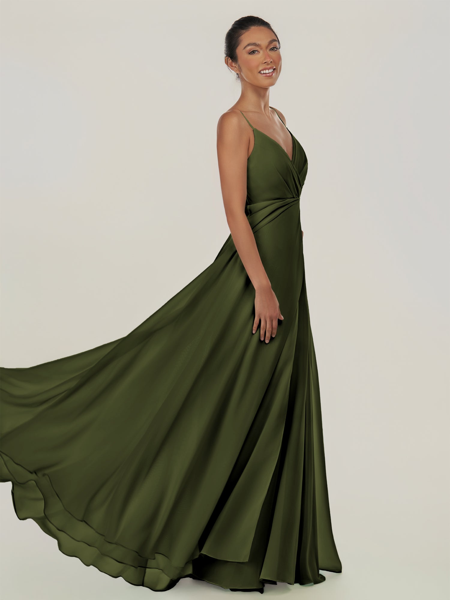 KissDress-Risa Olive A Line Chiffon V Neck Long Bridesmaid Dress with Pleats