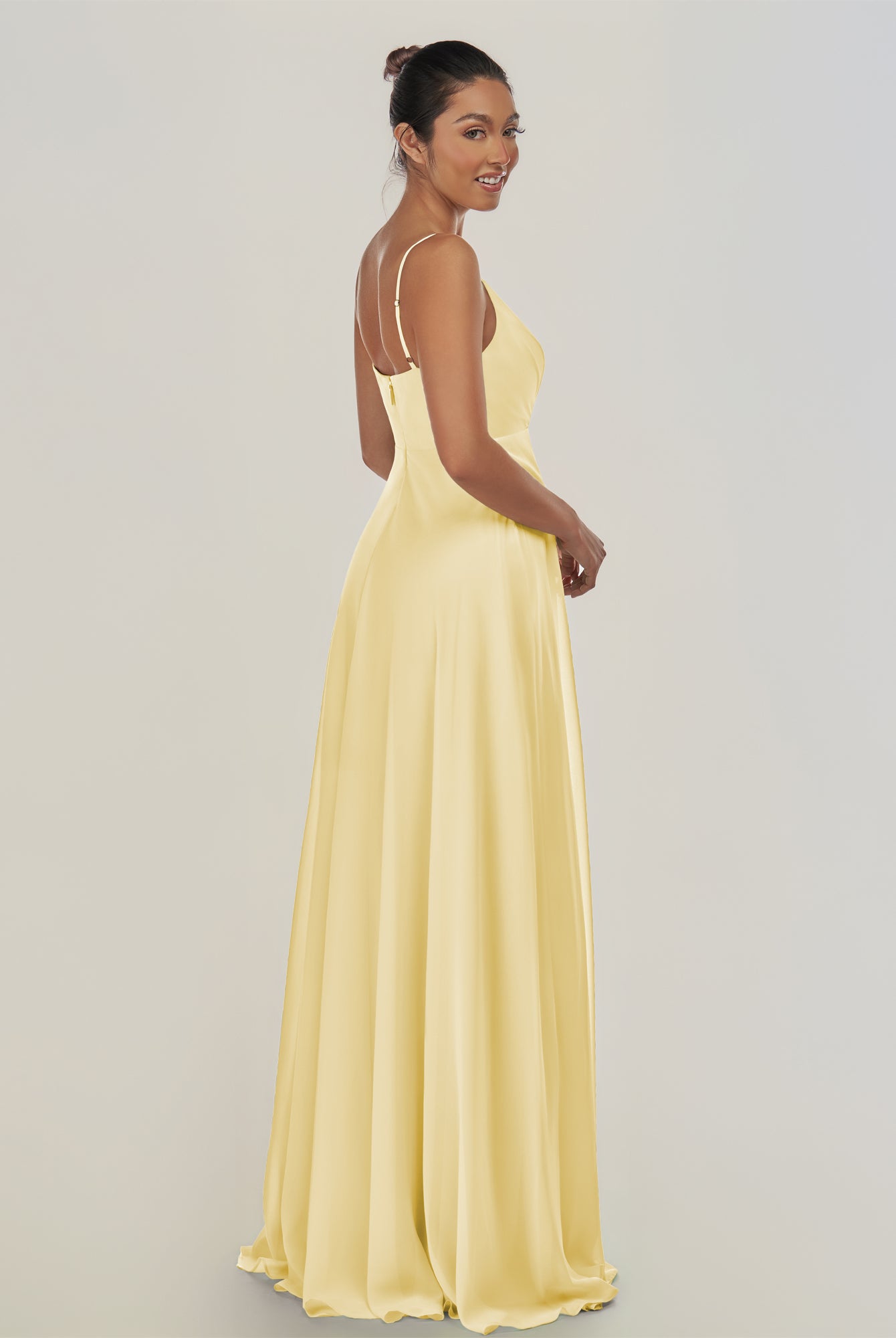 KissDress-Risa Pastel Yellow A Line Chiffon V Neck Long Bridesmaid Dress with Pleats