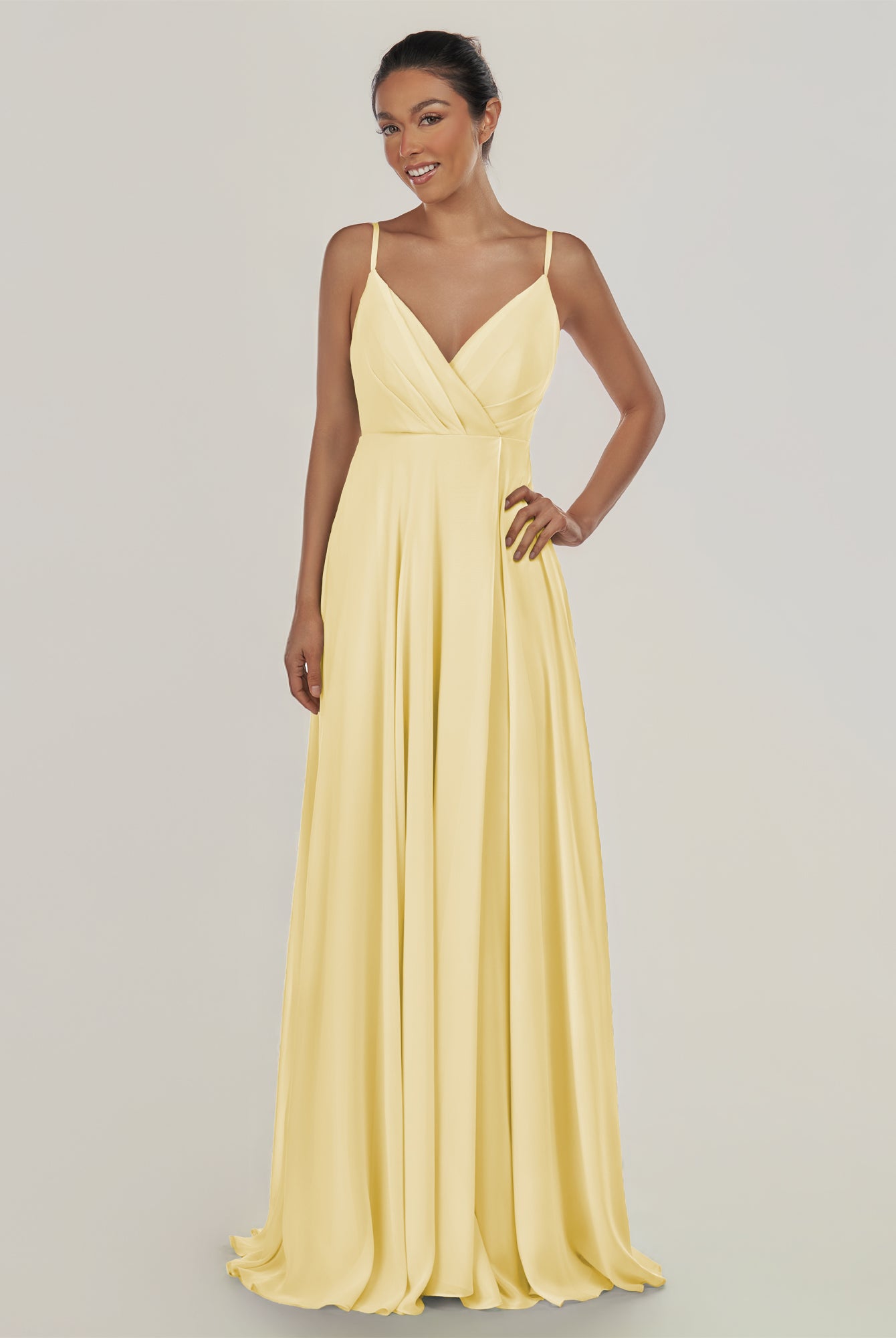 KissDress-Risa Pastel Yellow A Line Chiffon V Neck Long Bridesmaid Dress with Pleats