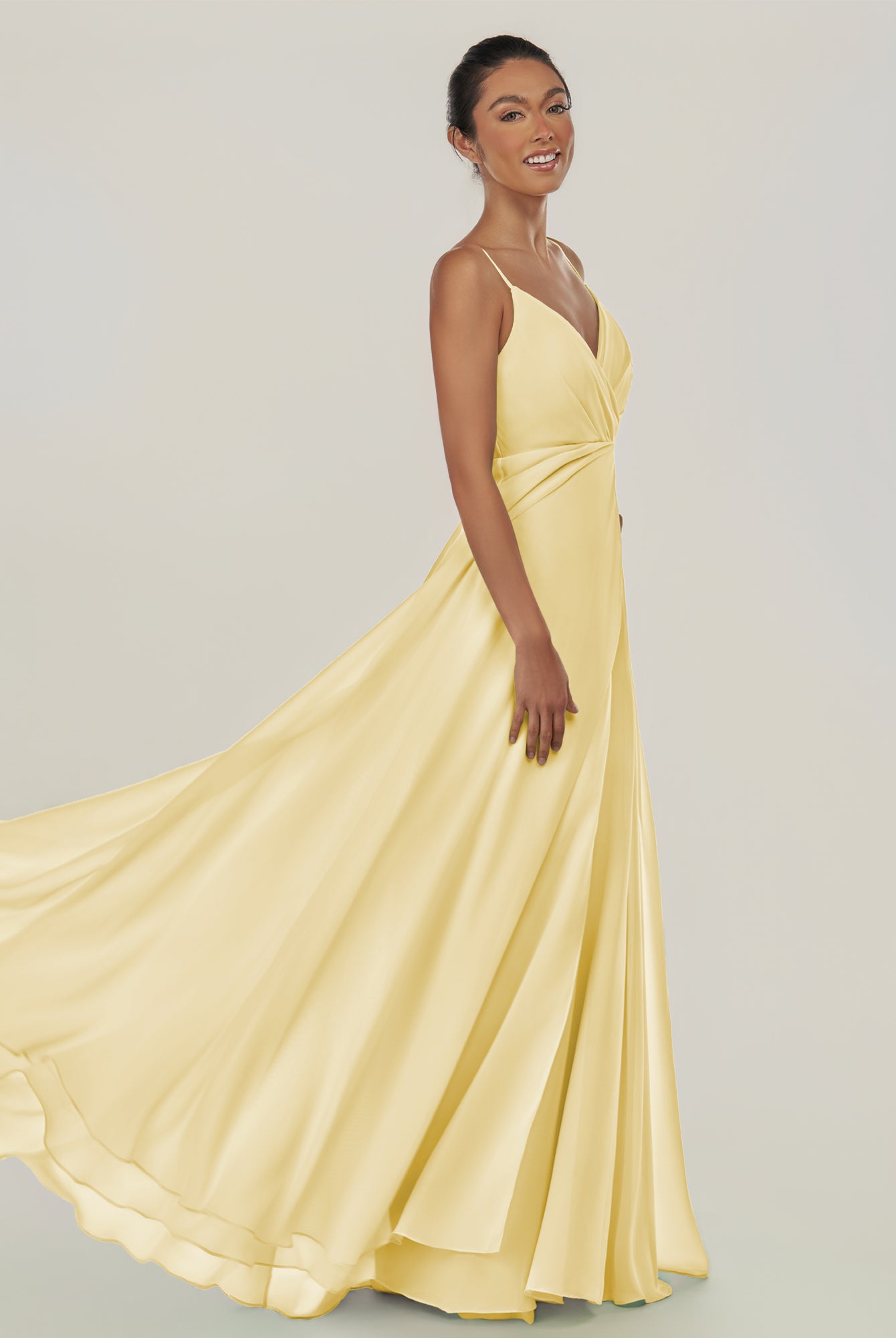 KissDress-Risa Pastel Yellow A Line Chiffon V Neck Long Bridesmaid Dress with Pleats