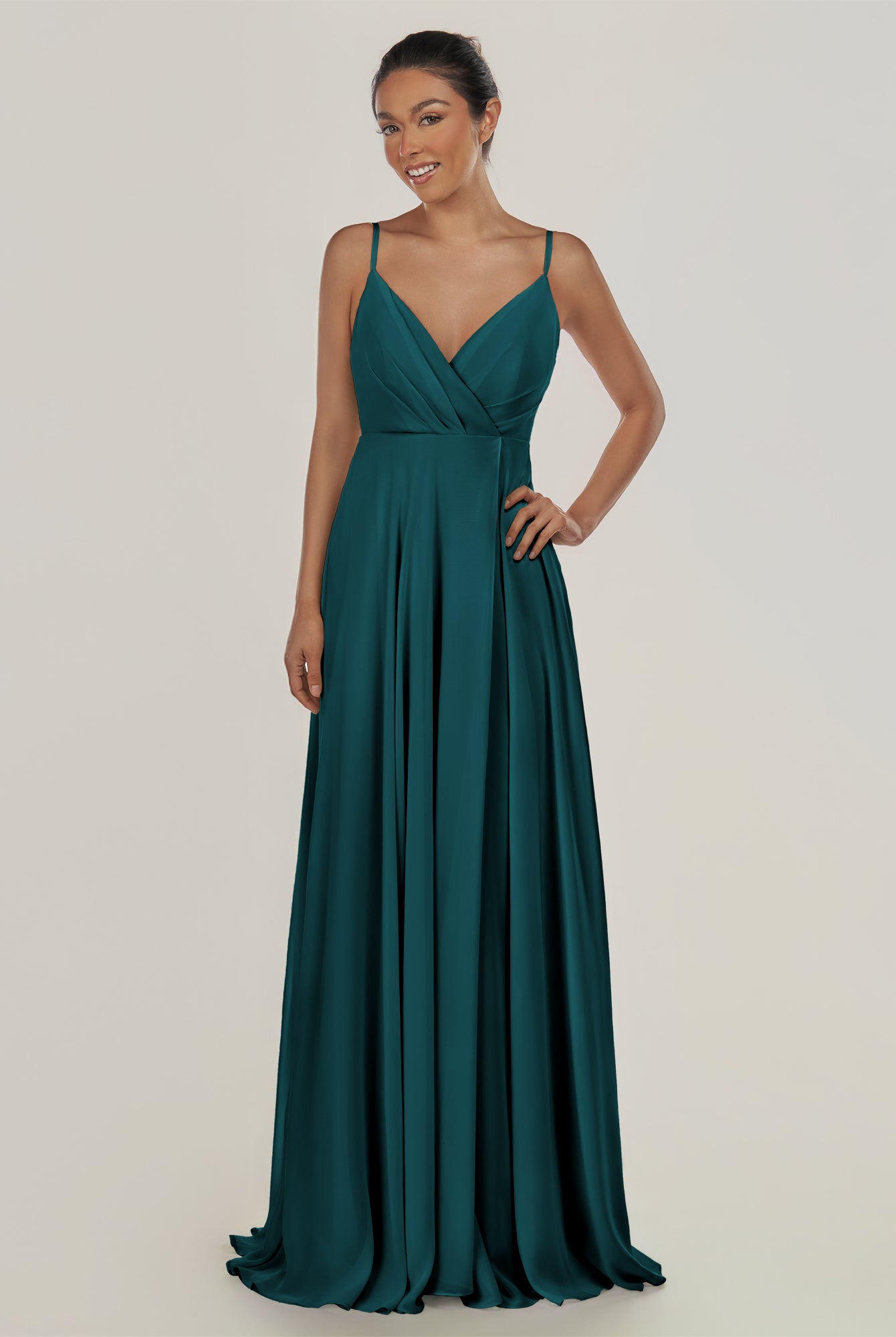 KissDress-Risa Pine A Line Chiffon V Neck Long Bridesmaid Dress with Pleats