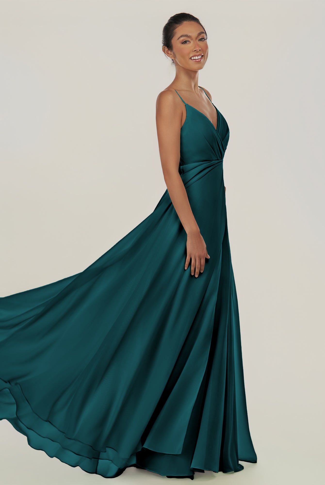 KissDress-Risa Pine A Line Chiffon V Neck Long Bridesmaid Dress with Pleats