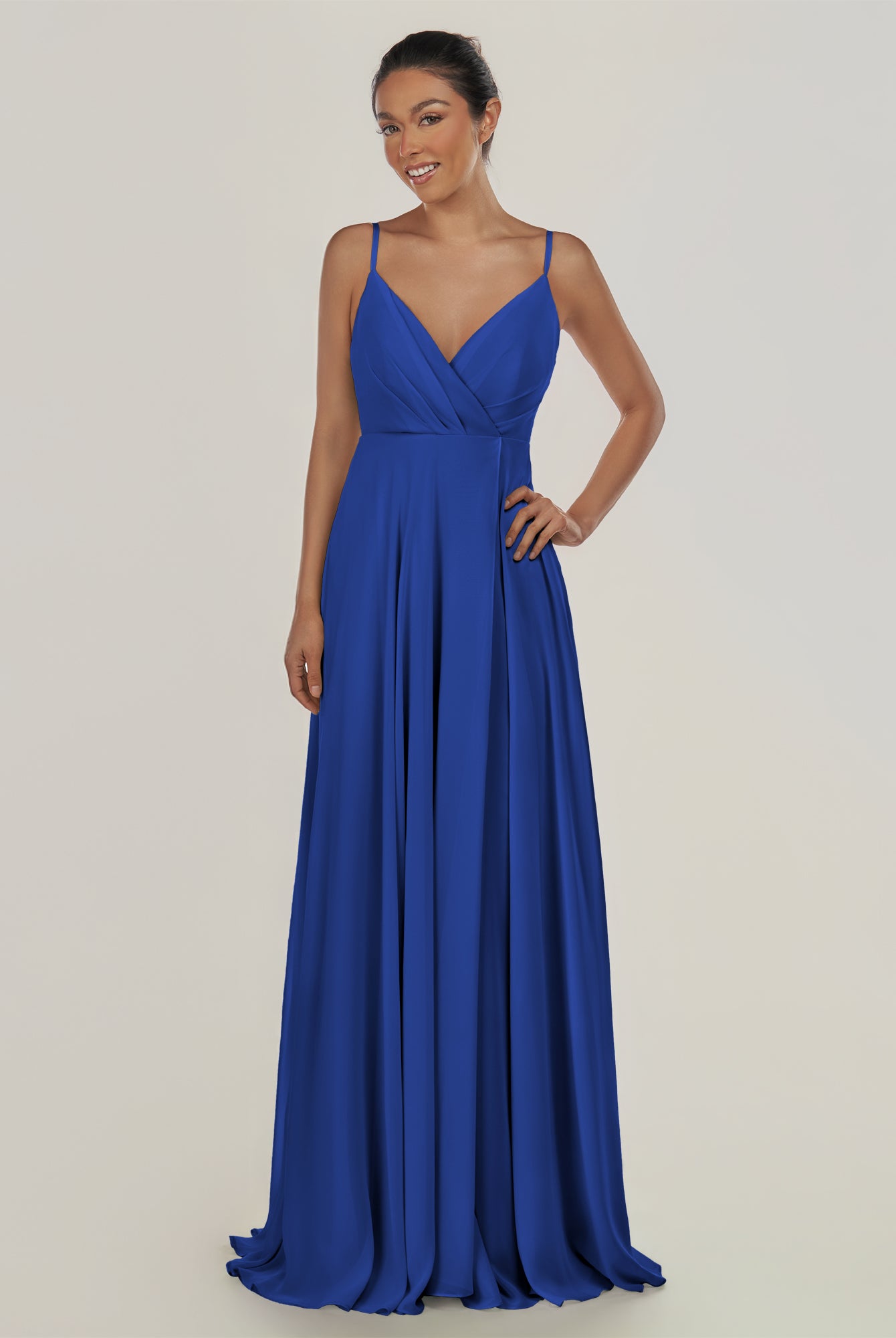 KissDress-Risa Royal Blue A Line Chiffon V Neck Long Bridesmaid Dress with Pleats
