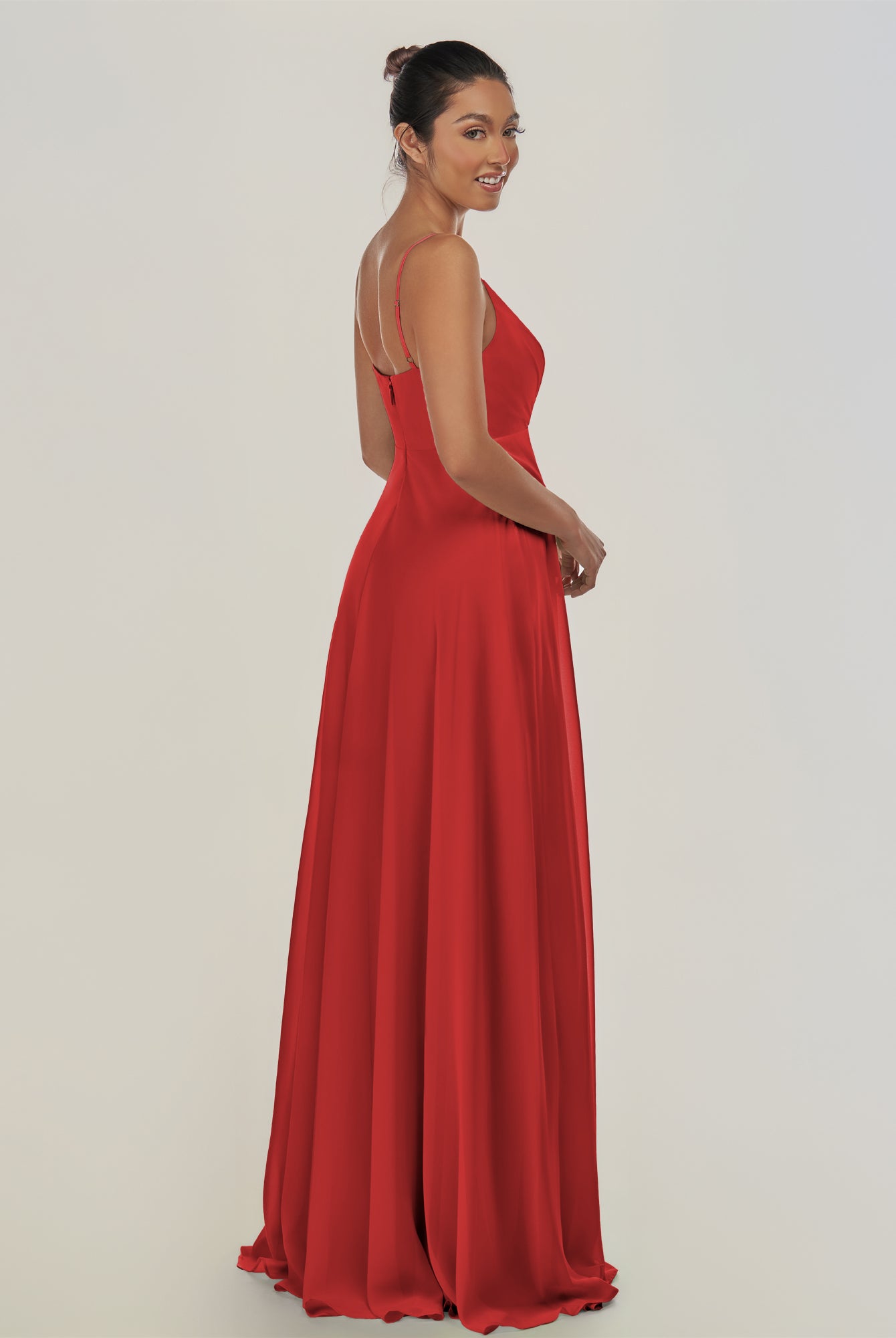 KissDress-Risa Ruby Red A Line Chiffon V Neck Long Bridesmaid Dress with Pleats