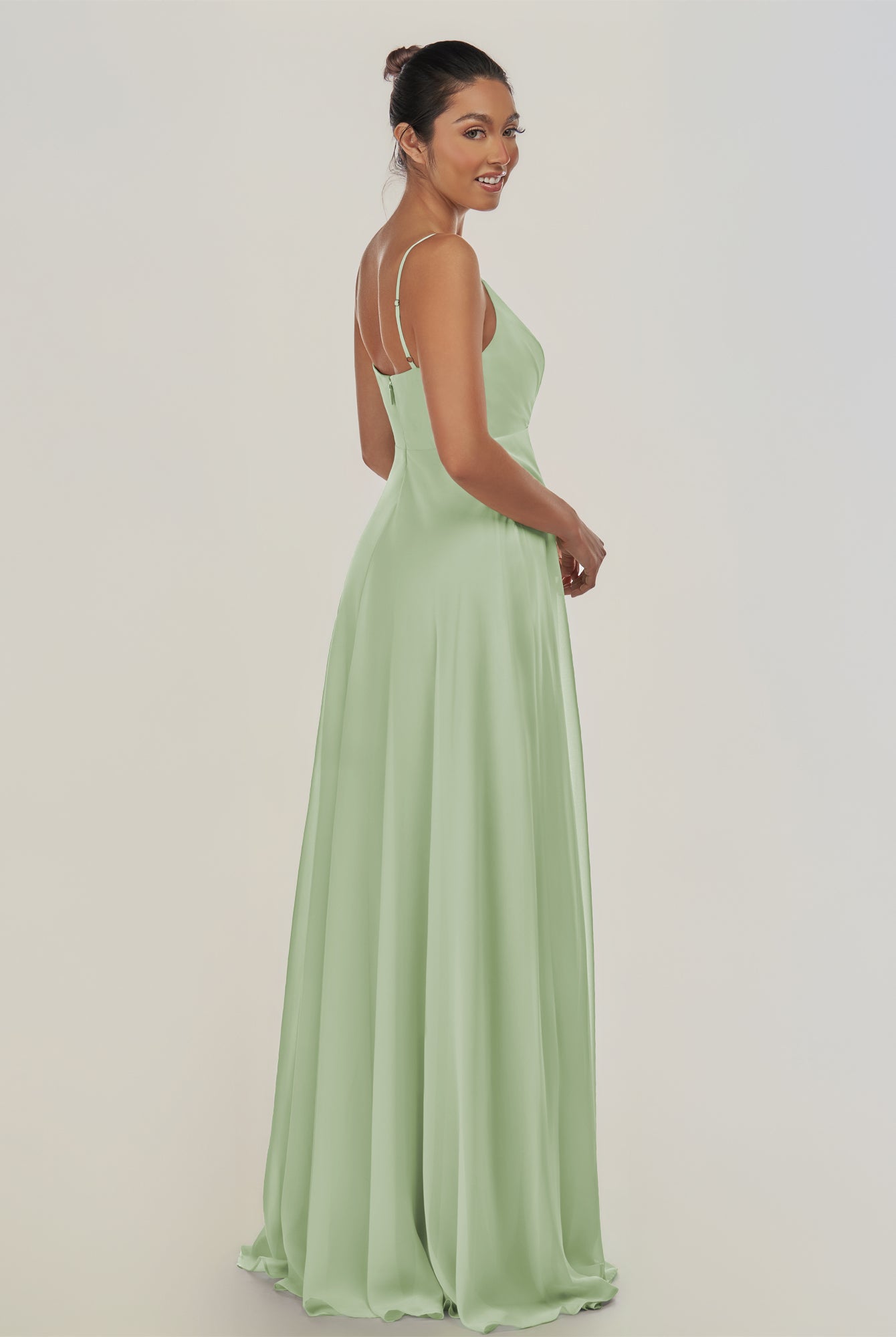 KissDress-Risa Sage A Line Chiffon V Neck Long Bridesmaid Dress with Pleats