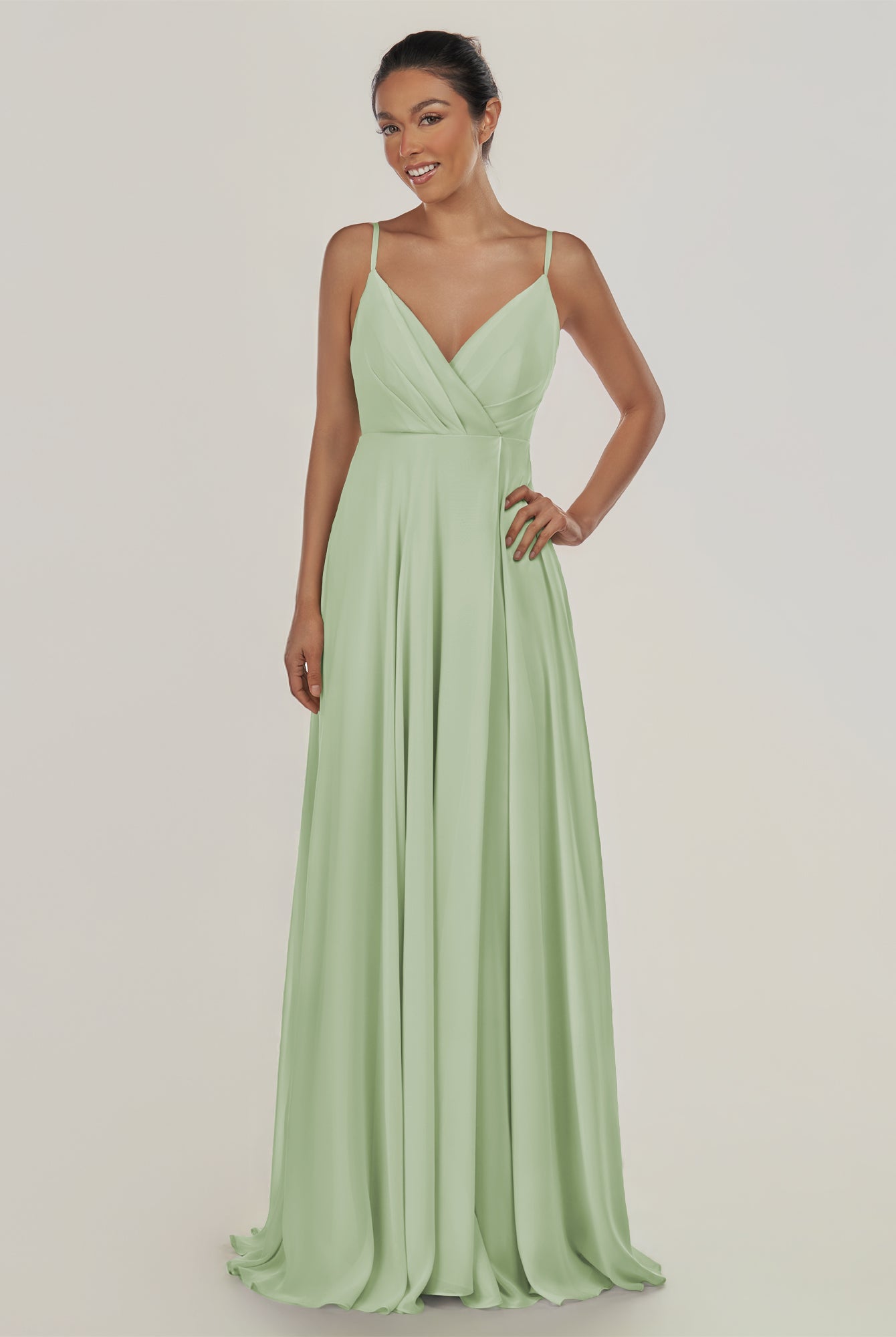 KissDress-Risa Sage A Line Chiffon V Neck Long Bridesmaid Dress with Pleats