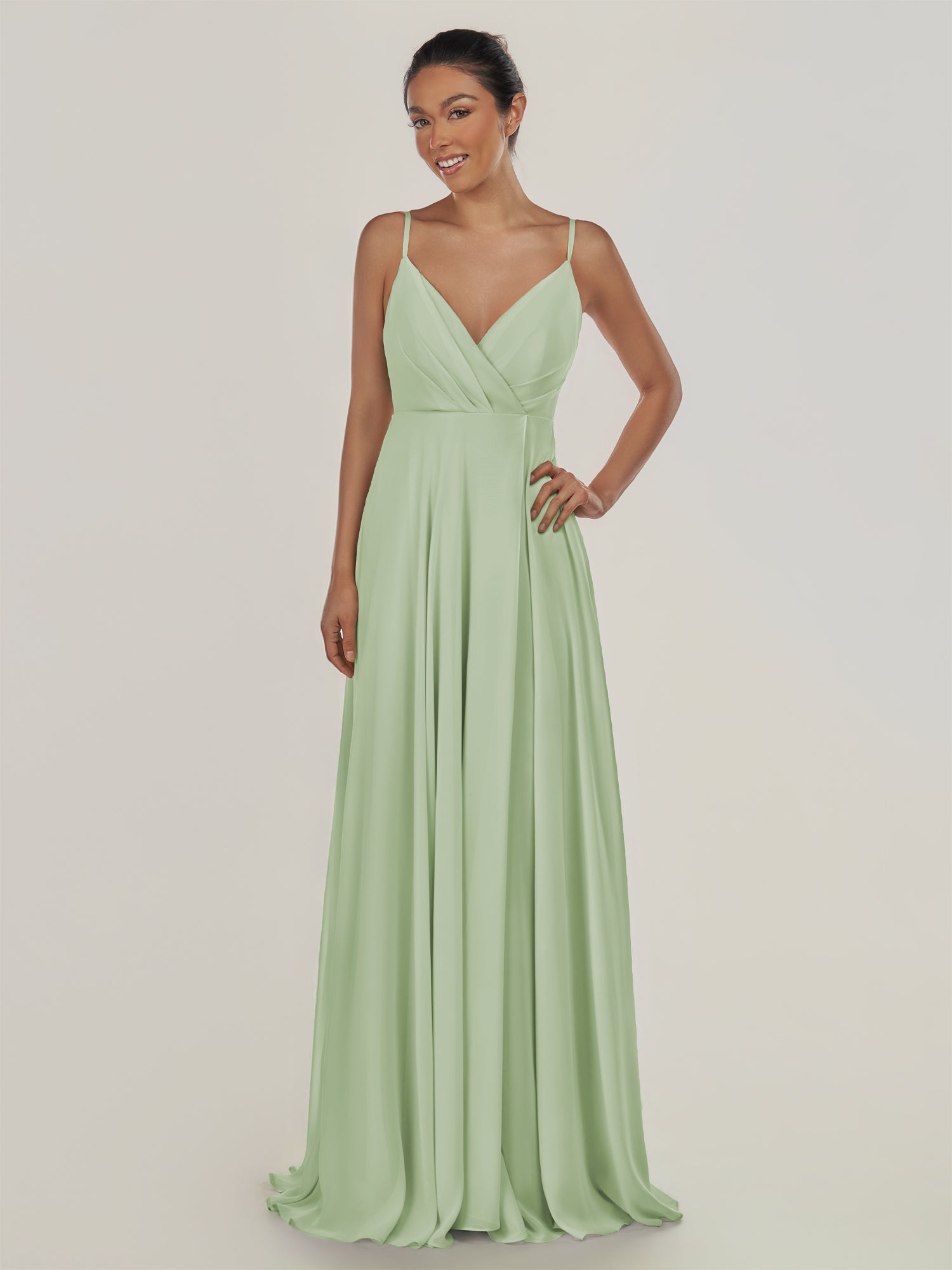 KissDress-Risa Sage A Line Chiffon V Neck Long Bridesmaid Dress with Pleats
