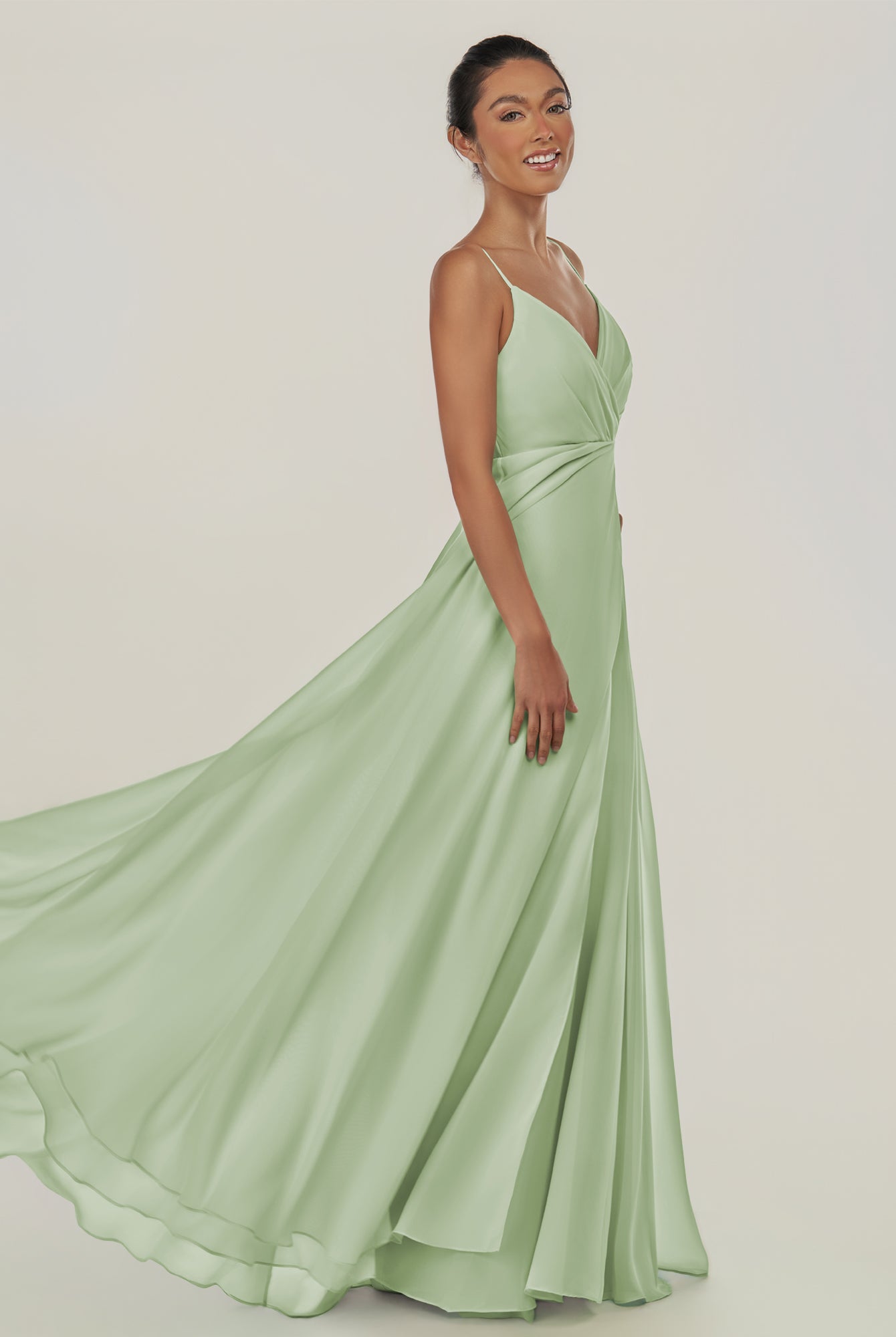 KissDress-Risa Sage A Line Chiffon V Neck Long Bridesmaid Dress with Pleats