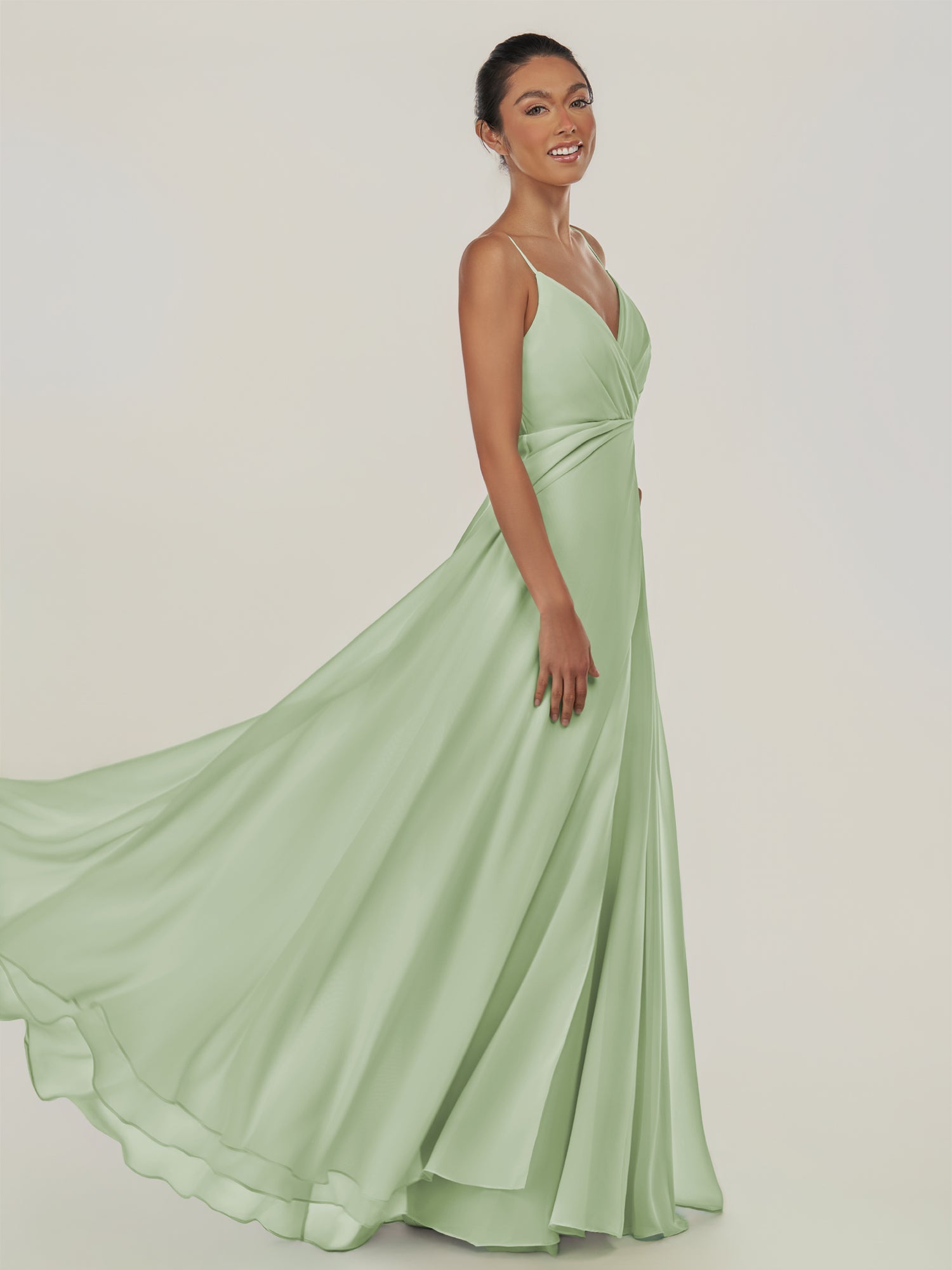 KissDress-Risa Sage A Line Chiffon V Neck Long Bridesmaid Dress with Pleats