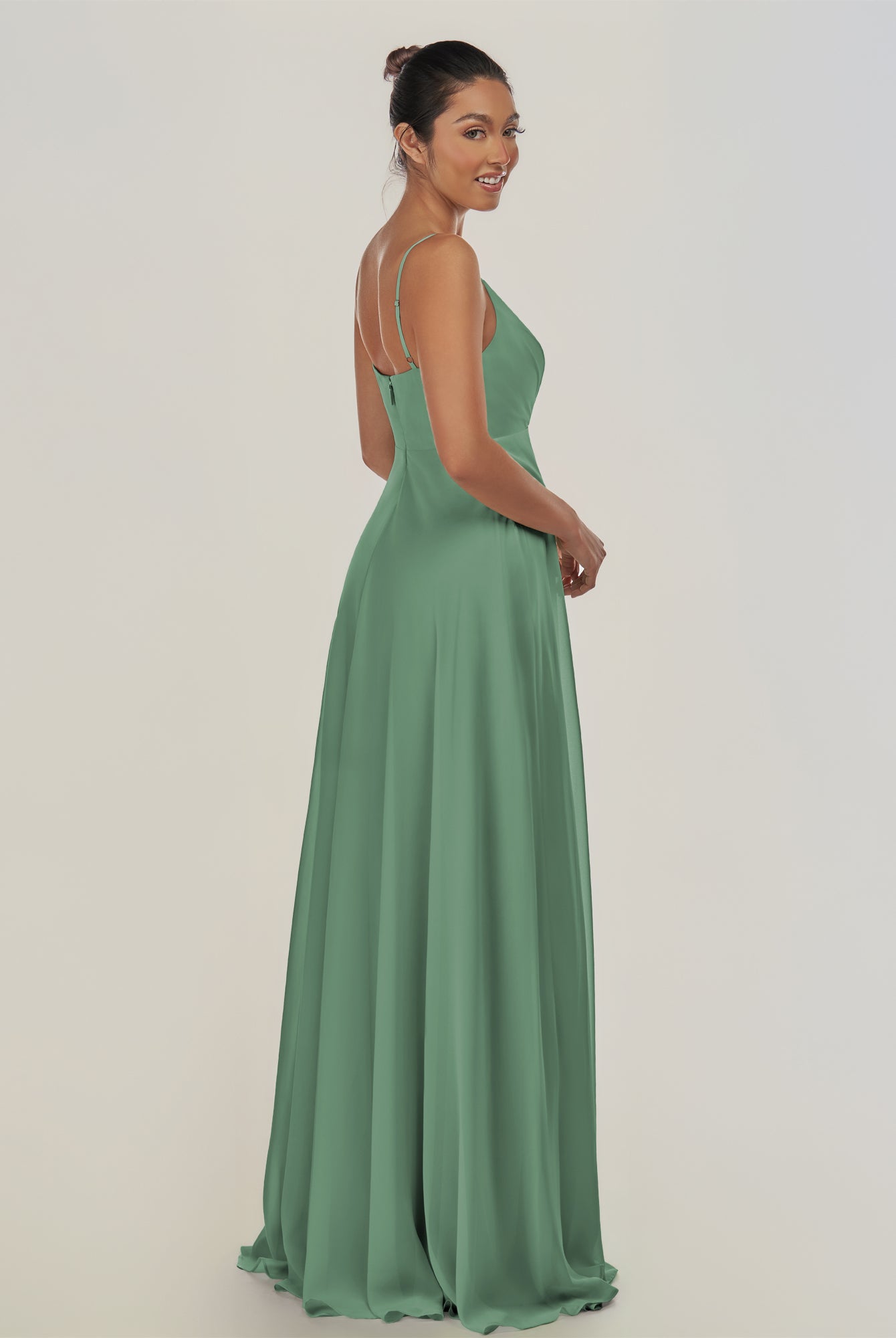 KissDress-Risa Sea Glass A Line Chiffon V Neck Long Bridesmaid Dress with Pleats