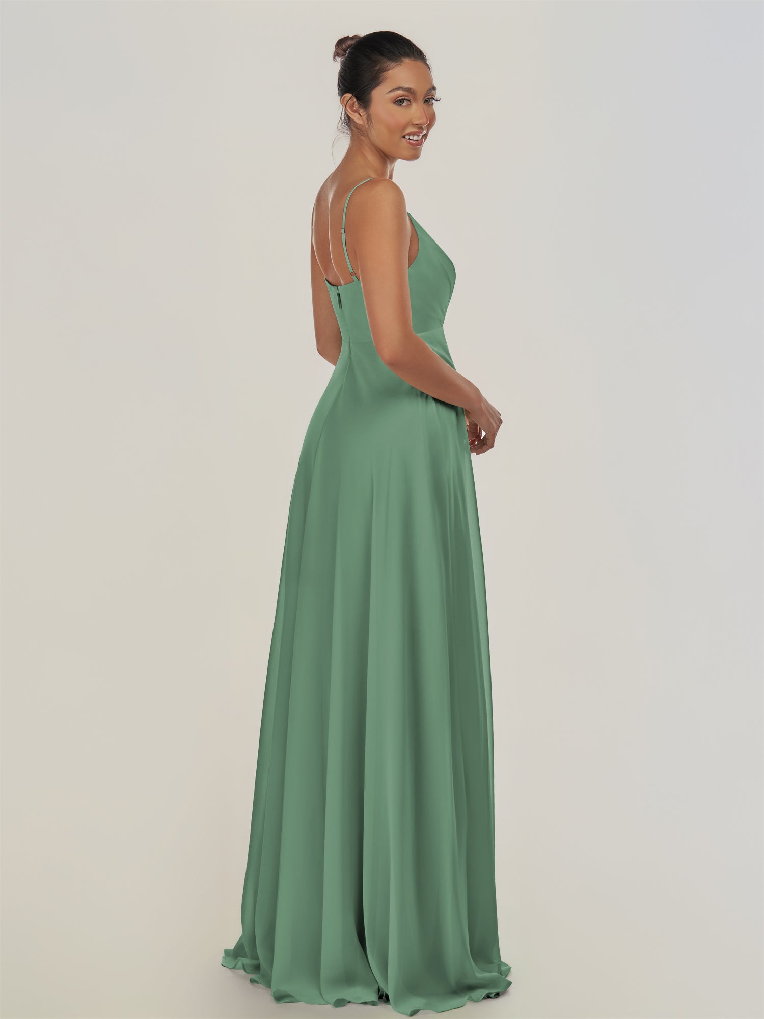 KissDress-Risa Sea Glass A Line Chiffon V Neck Long Bridesmaid Dress with Pleats