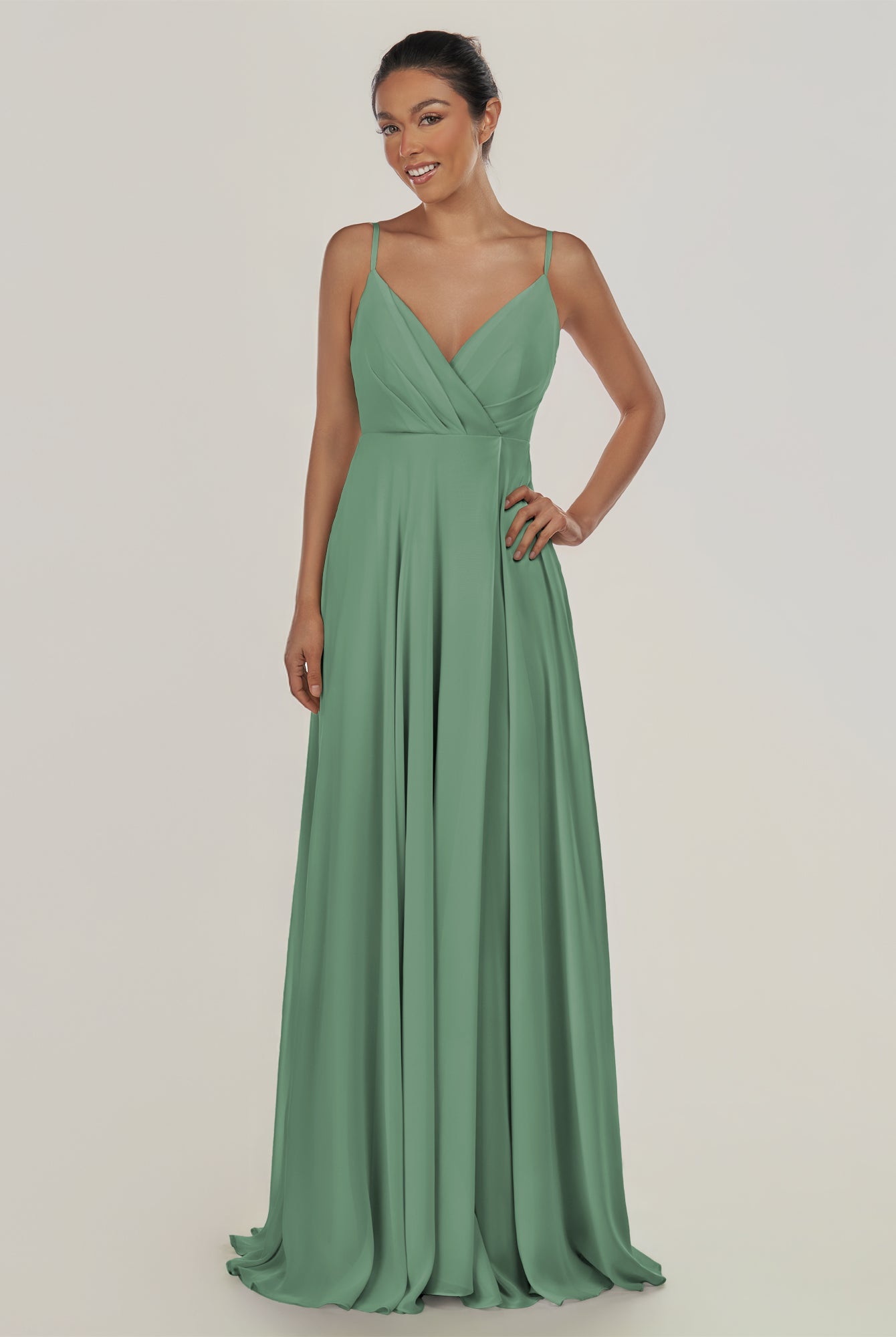 KissDress-Risa Sea Glass A Line Chiffon V Neck Long Bridesmaid Dress with Pleats