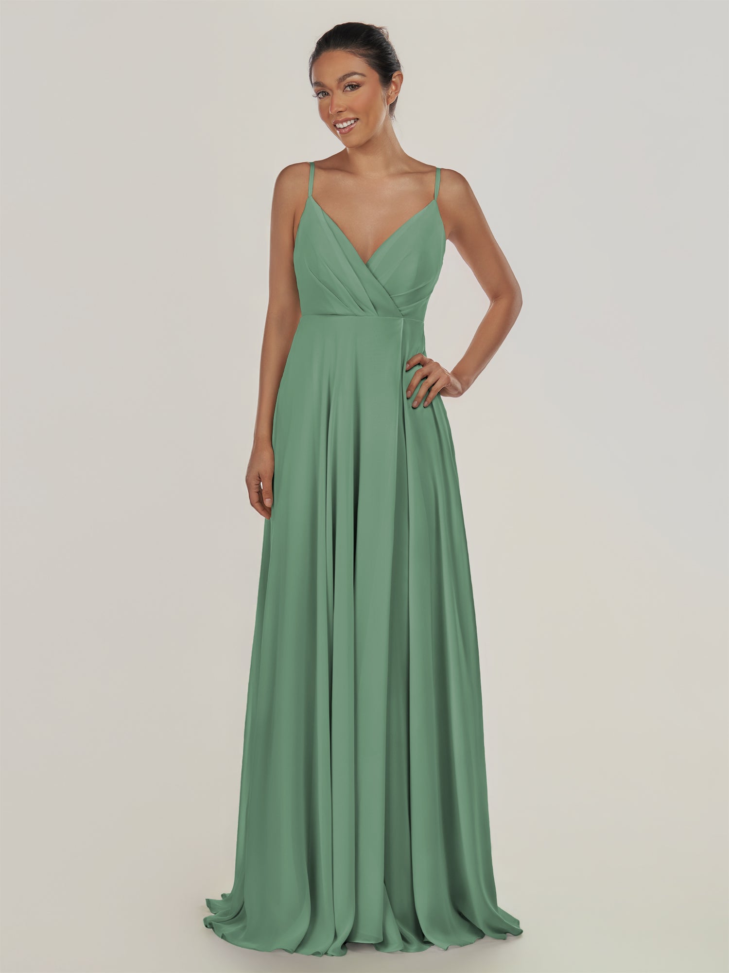 KissDress-Risa Sea Glass A Line Chiffon V Neck Long Bridesmaid Dress with Pleats