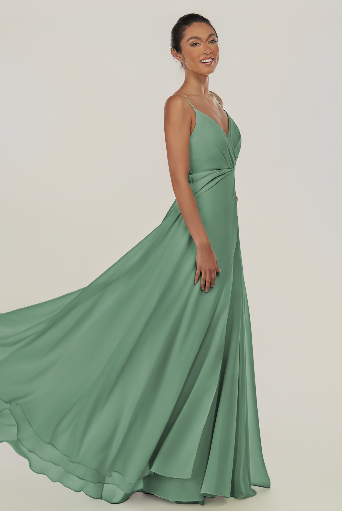 KissDress-Risa Sea Glass A Line Chiffon V Neck Long Bridesmaid Dress with Pleats