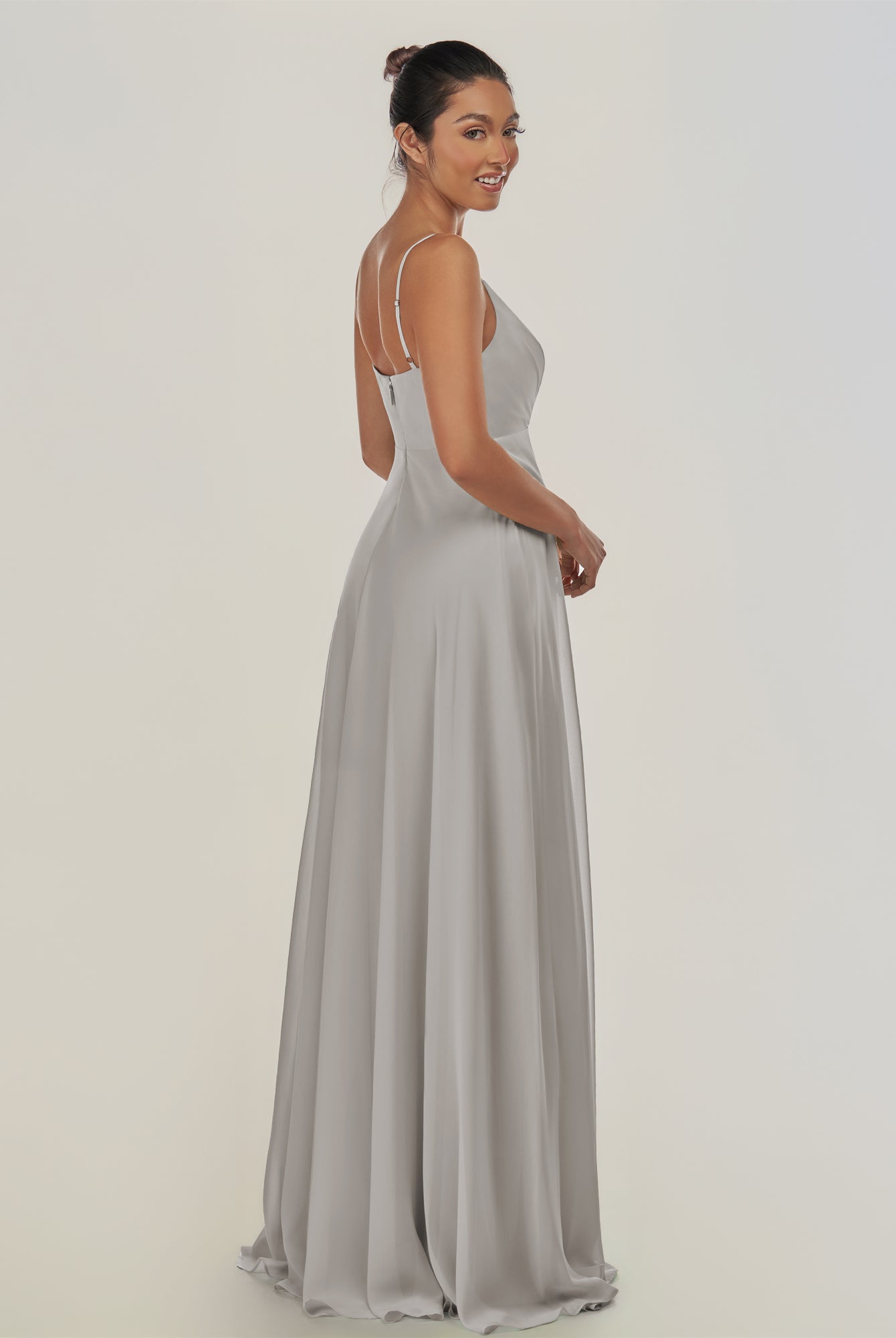 KissDress-Risa Silver A Line Chiffon V Neck Long Bridesmaid Dress with Pleats