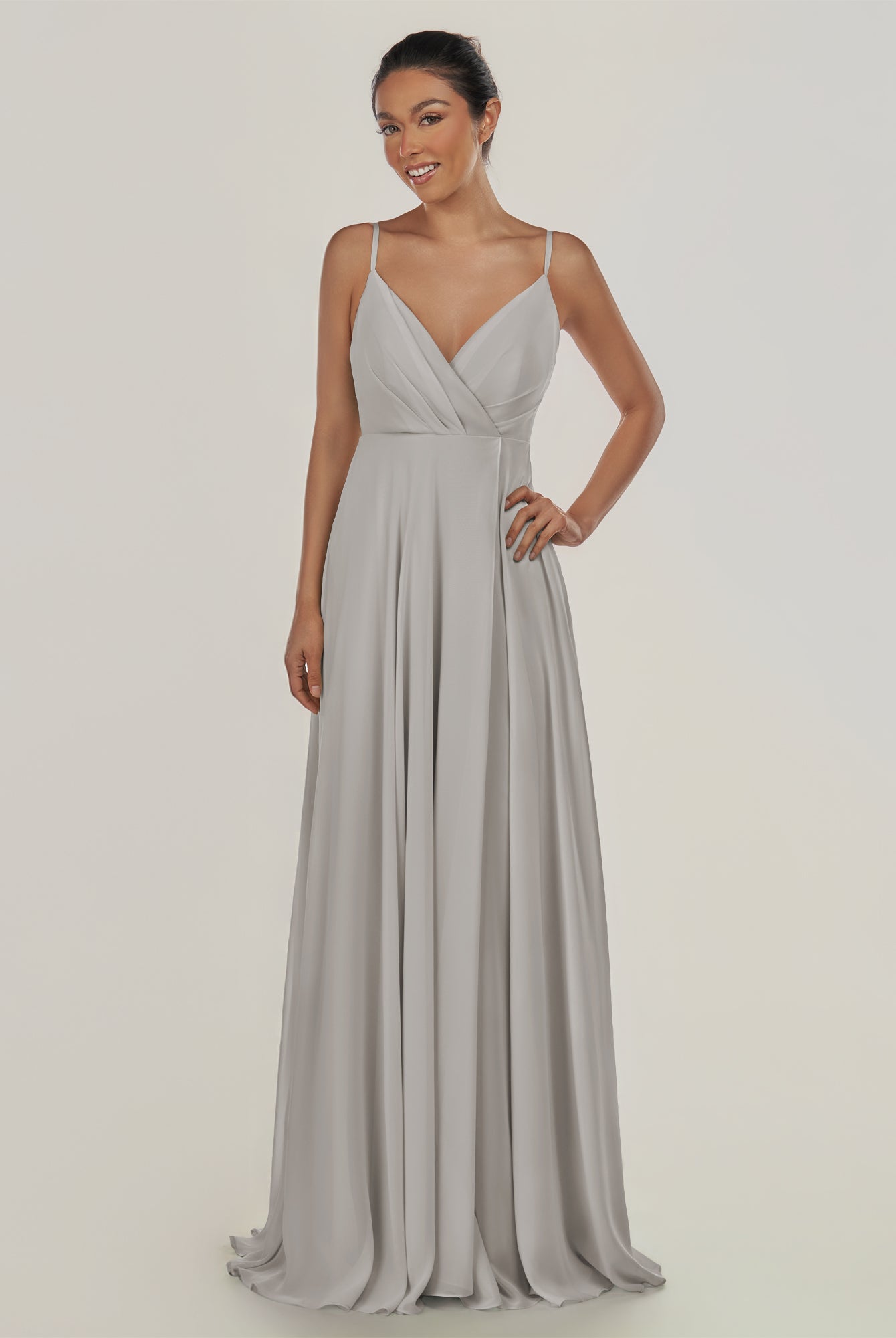 KissDress-Risa Silver A Line Chiffon V Neck Long Bridesmaid Dress with Pleats