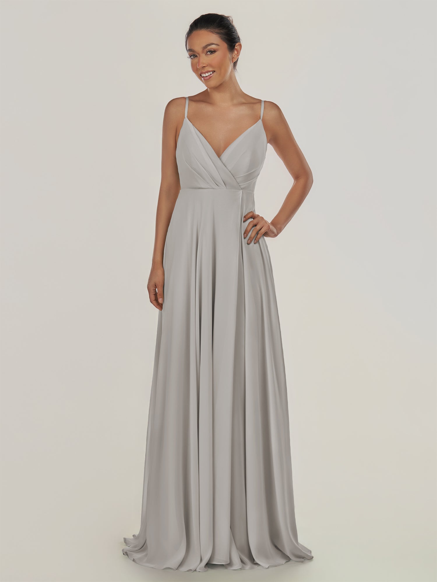 KissDress-Risa Silver A Line Chiffon V Neck Long Bridesmaid Dress with Pleats