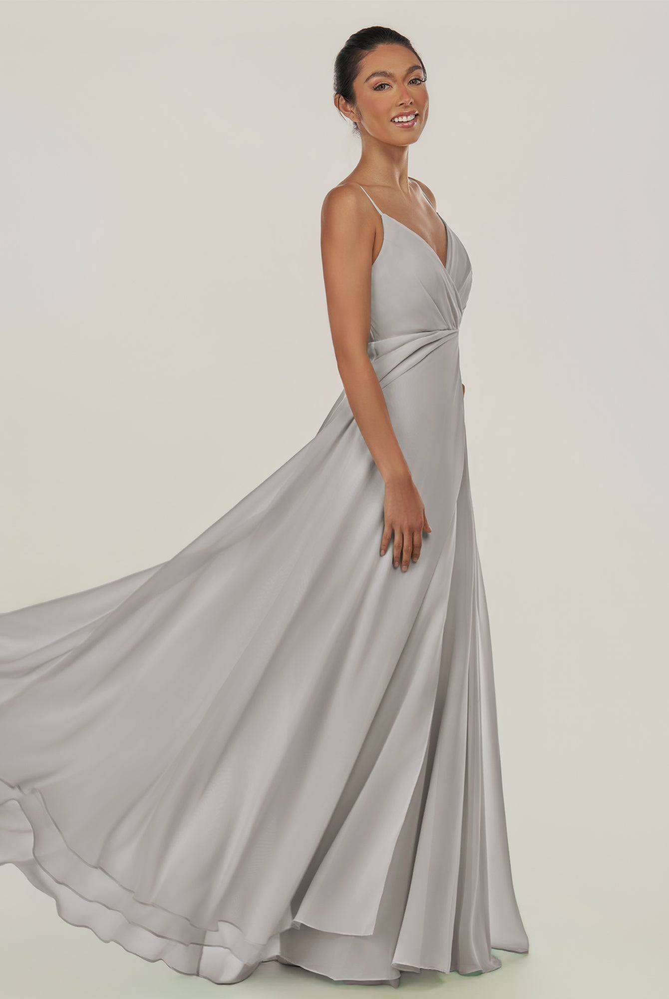 KissDress-Risa Silver A Line Chiffon V Neck Long Bridesmaid Dress with Pleats