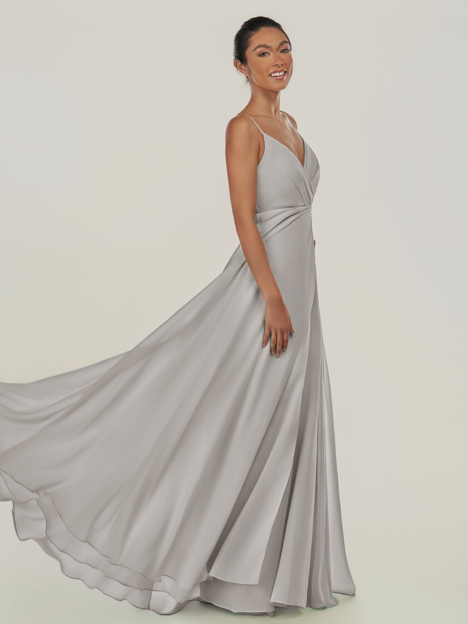 KissDress-Risa Silver A Line Chiffon V Neck Long Bridesmaid Dress with Pleats
