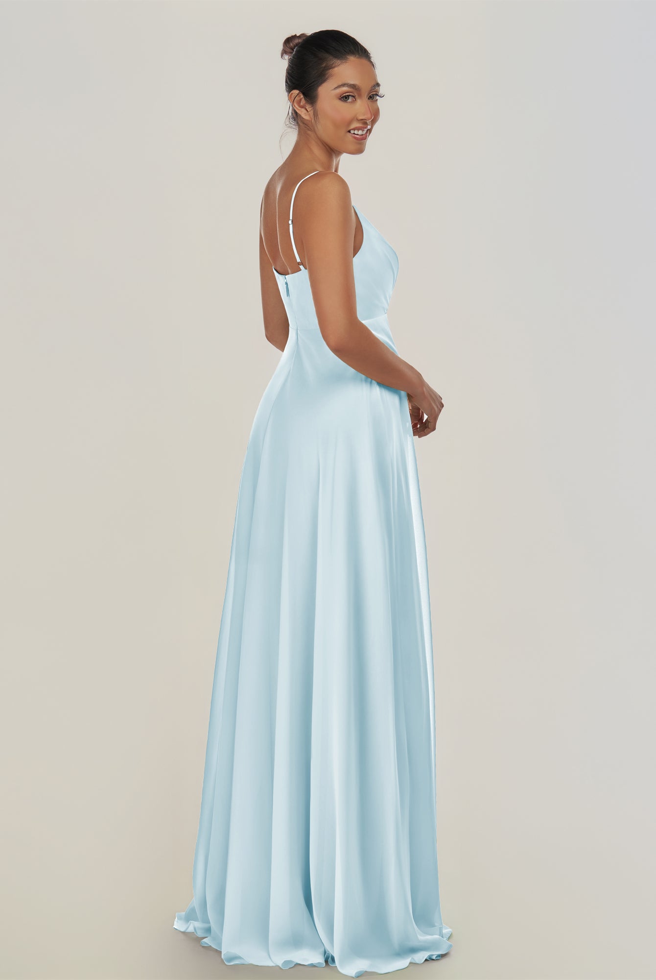 KissDress-Risa Sky Blue A Line Chiffon V Neck Long Bridesmaid Dress with Pleats