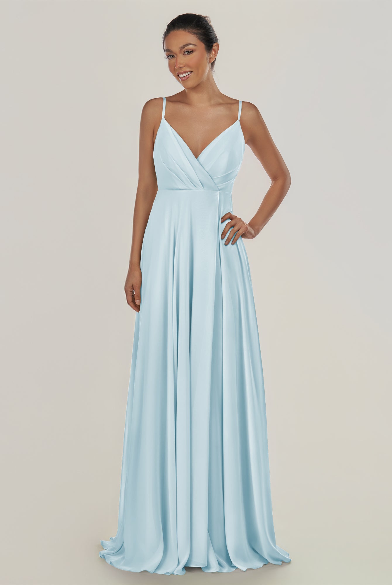 KissDress-Risa Sky Blue A Line Chiffon V Neck Long Bridesmaid Dress with Pleats