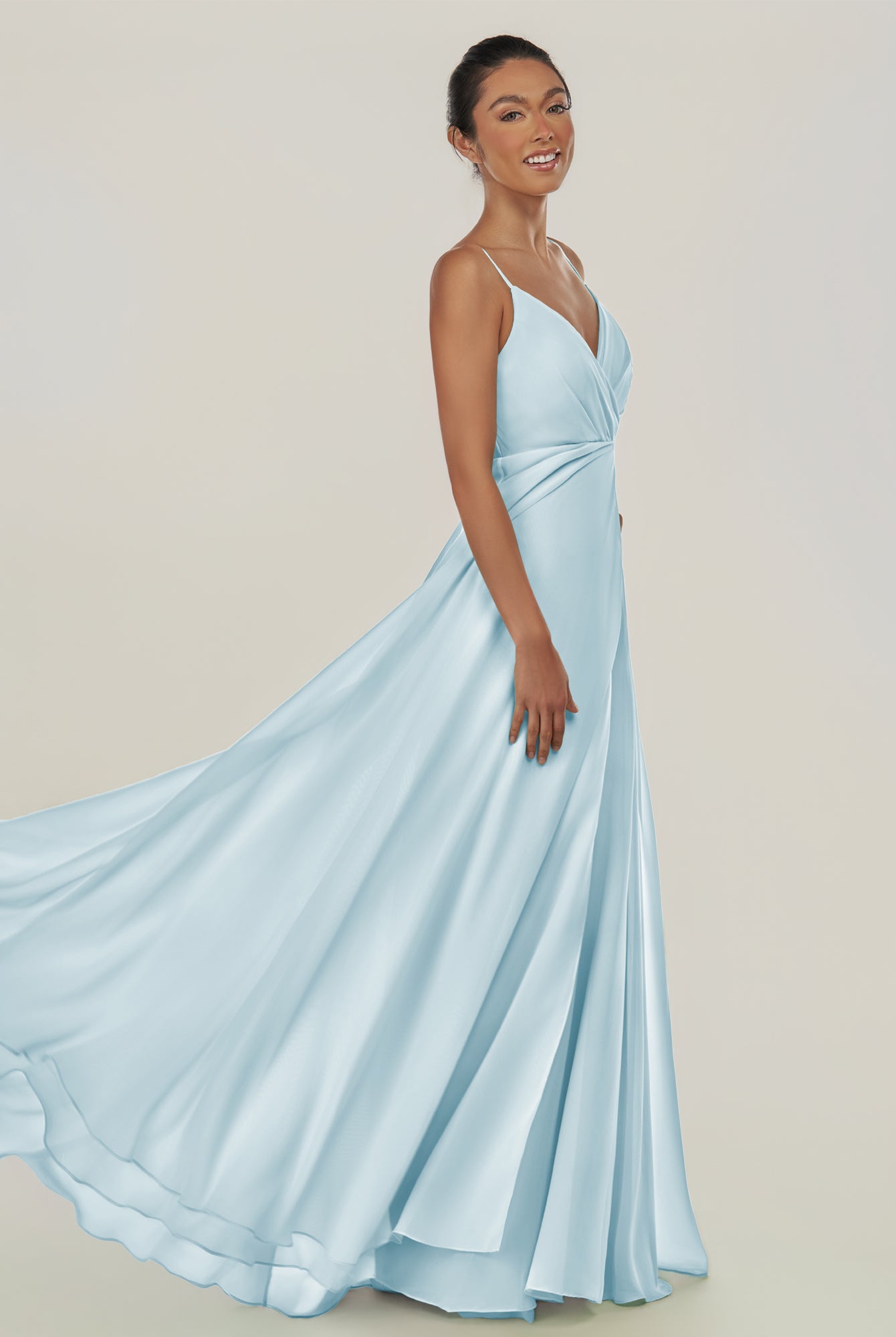 KissDress-Risa Sky Blue A Line Chiffon V Neck Long Bridesmaid Dress with Pleats