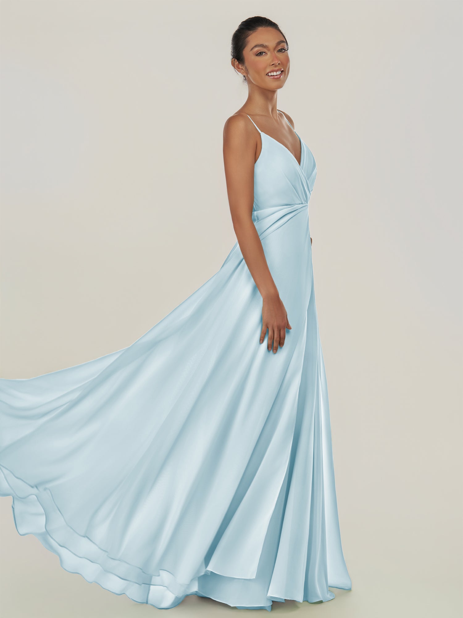 KissDress-Risa Sky Blue A Line Chiffon V Neck Long Bridesmaid Dress with Pleats