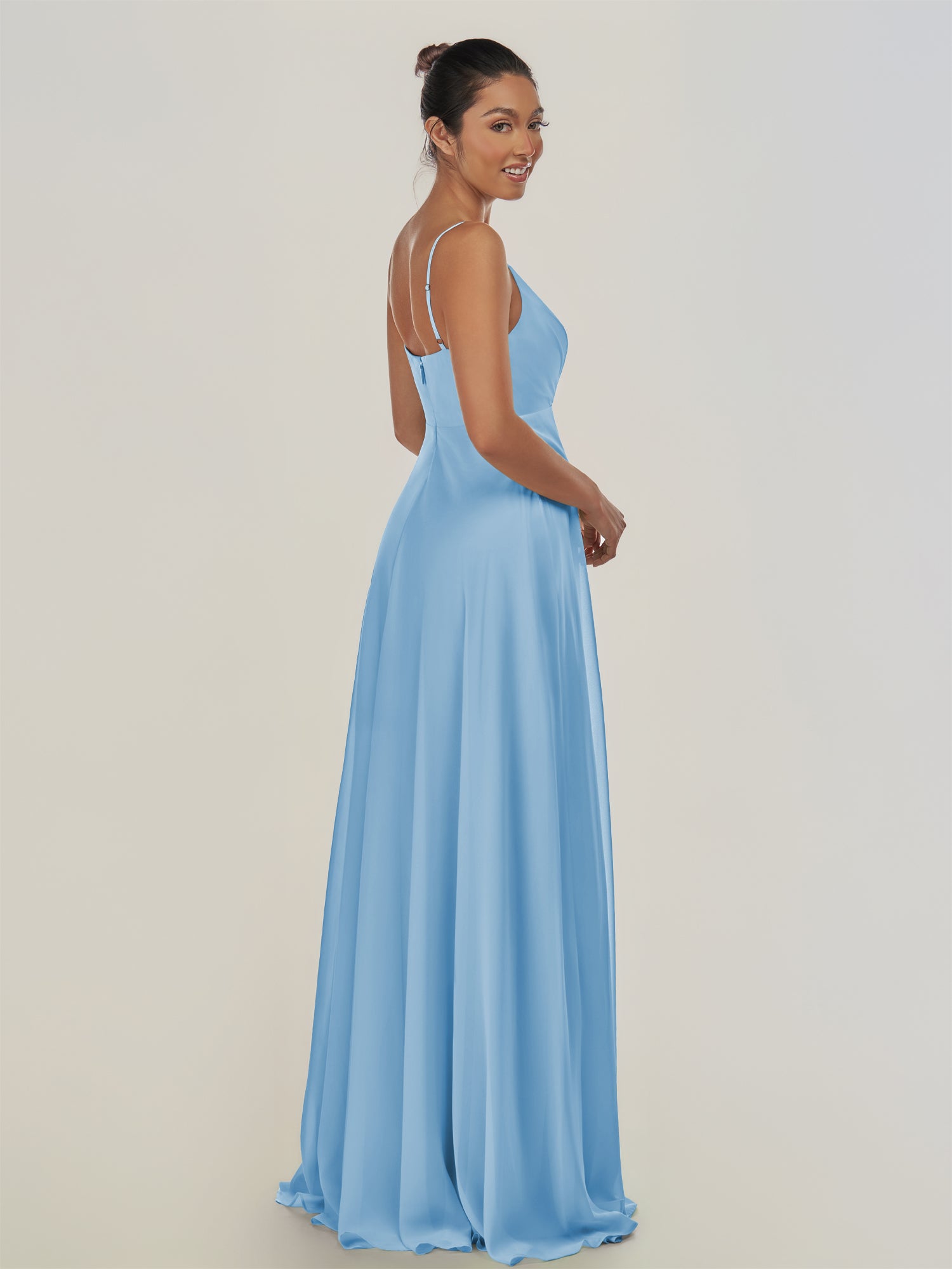 KissDress-Risa Steel Blue A Line Chiffon V Neck Long Bridesmaid Dress with Pleats