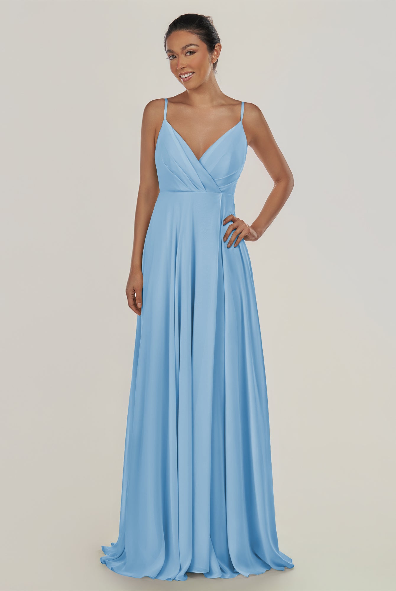 KissDress-Risa Steel Blue A Line Chiffon V Neck Long Bridesmaid Dress with Pleats