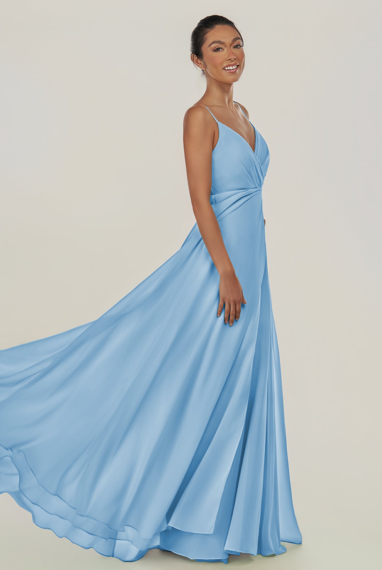 KissDress-Risa Steel Blue A Line Chiffon V Neck Long Bridesmaid Dress with Pleats