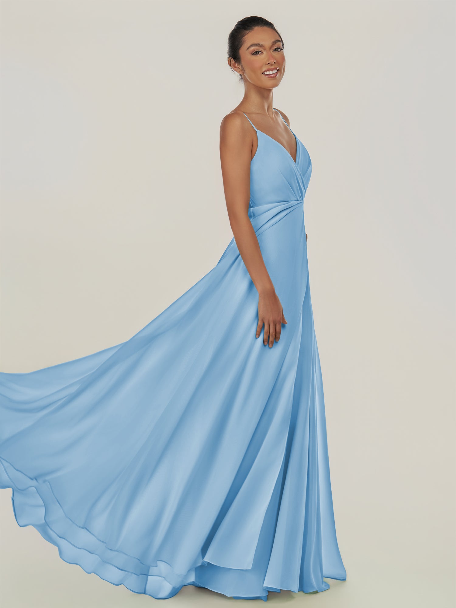 KissDress-Risa Steel Blue A Line Chiffon V Neck Long Bridesmaid Dress with Pleats
