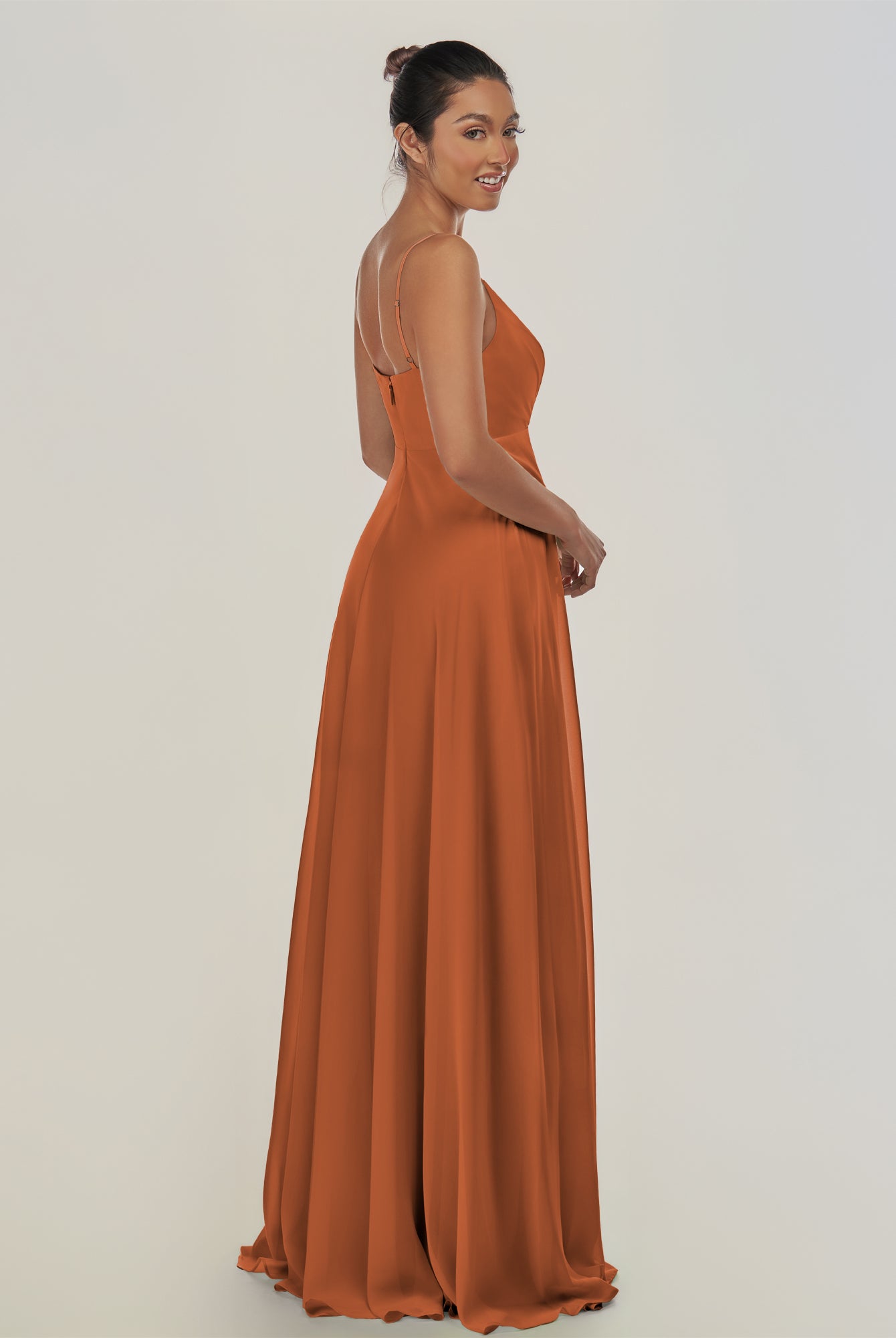 KissDress-Risa Terracotta A Line Chiffon V Neck Long Bridesmaid Dress with Pleats