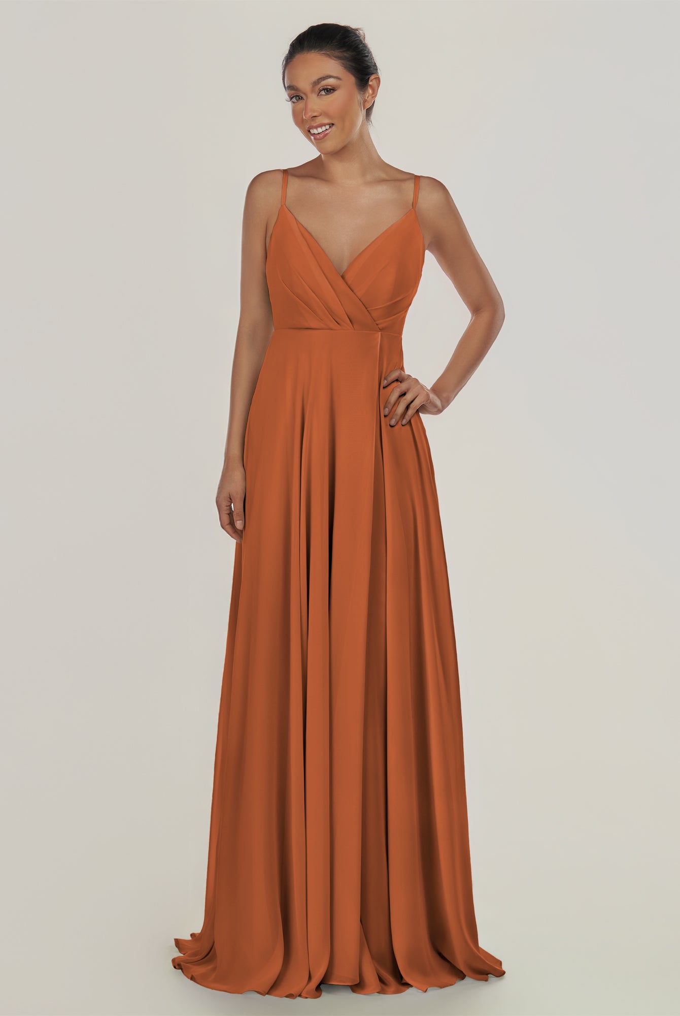 KissDress-Risa Terracotta A Line Chiffon V Neck Long Bridesmaid Dress with Pleats
