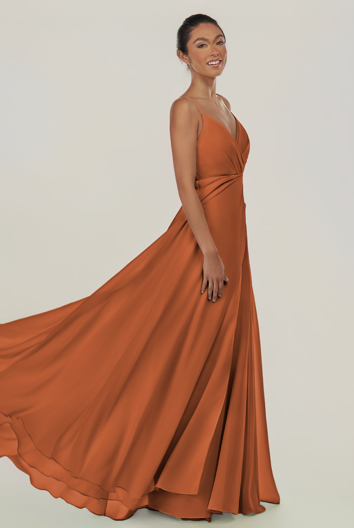 KissDress-Risa Terracotta A Line Chiffon V Neck Long Bridesmaid Dress with Pleats