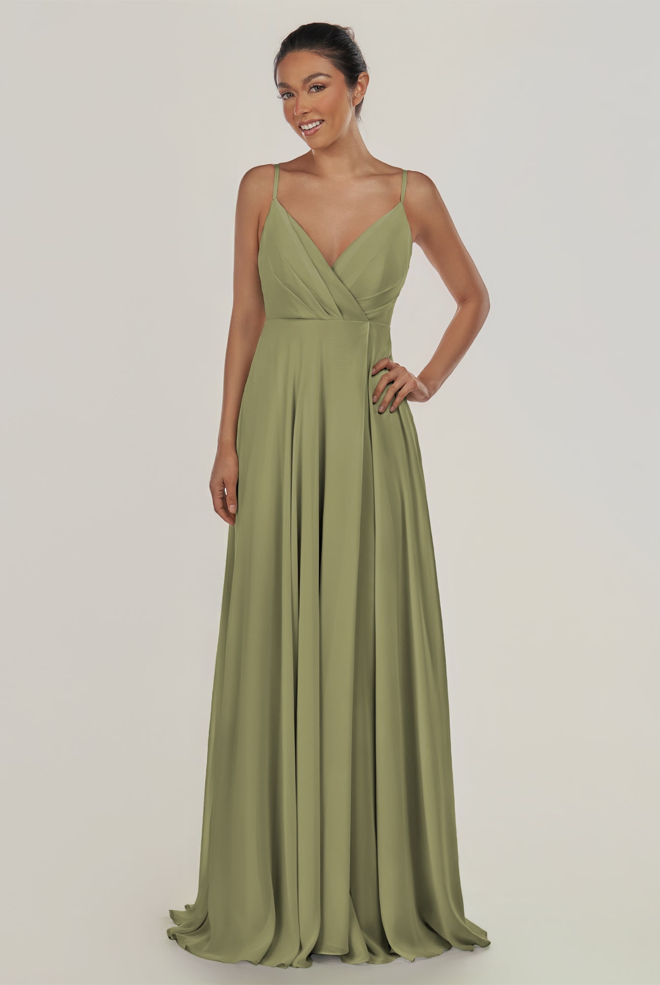KissDress-Risa Thyme A Line Chiffon V Neck Long Bridesmaid Dress with Pleats