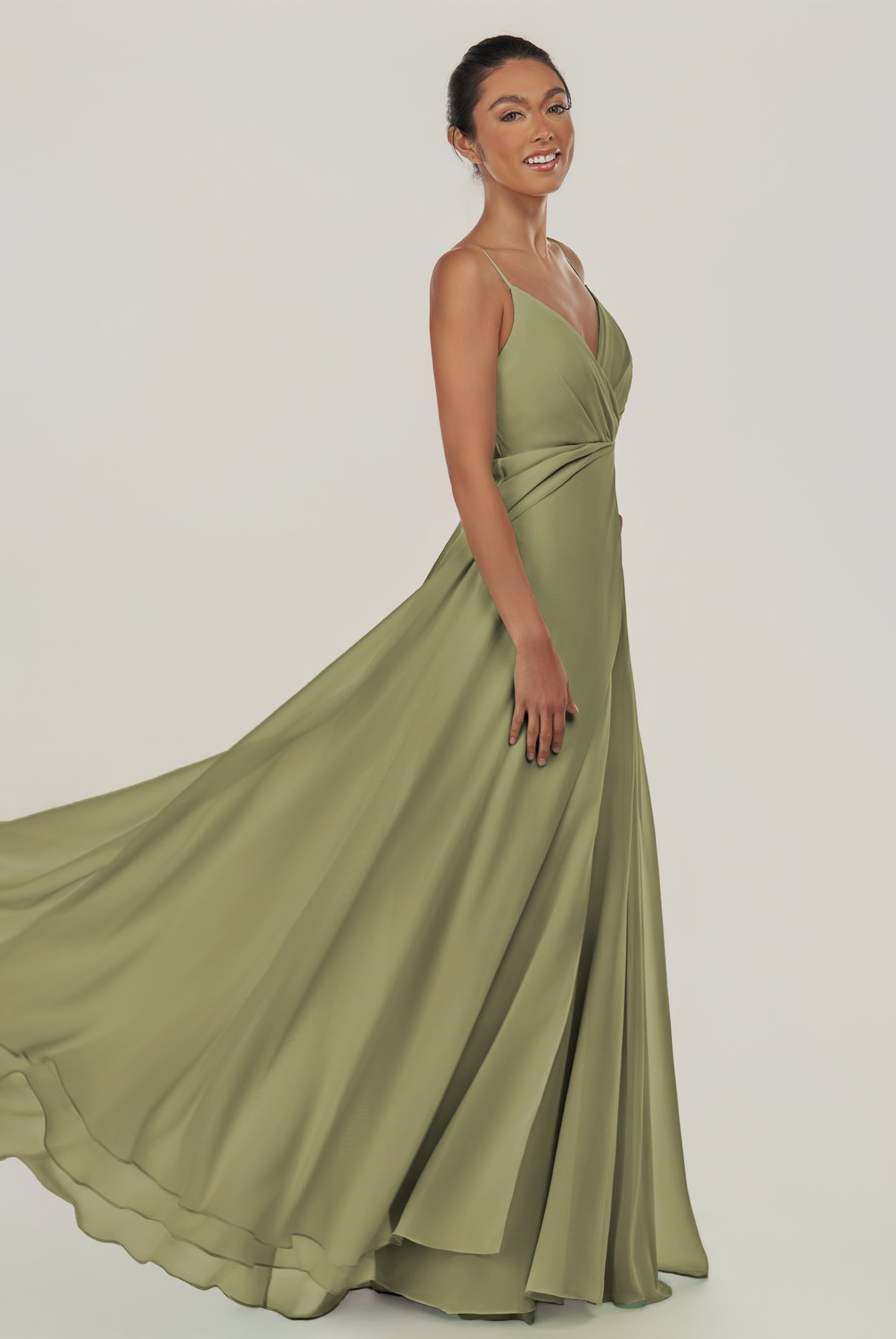 KissDress-Risa Thyme A Line Chiffon V Neck Long Bridesmaid Dress with Pleats