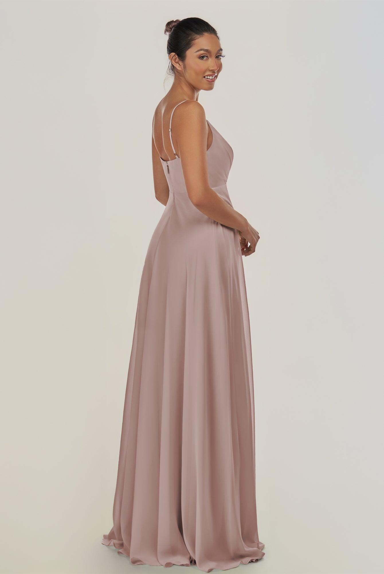 KissDress-Risa Toffee A Line Chiffon V Neck Long Bridesmaid Dress with Pleats