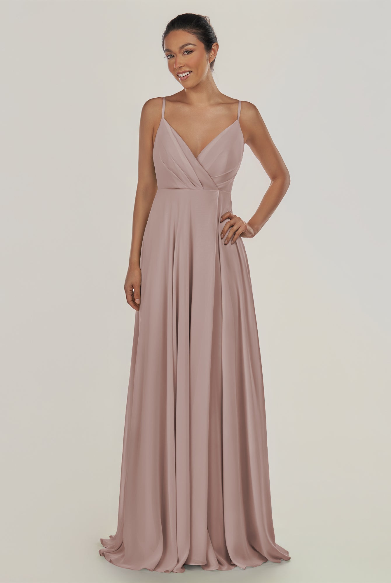 KissDress-Risa Toffee A Line Chiffon V Neck Long Bridesmaid Dress with Pleats