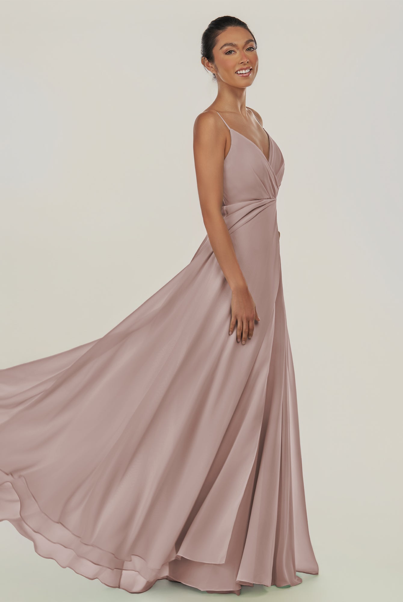 KissDress-Risa Toffee A Line Chiffon V Neck Long Bridesmaid Dress with Pleats