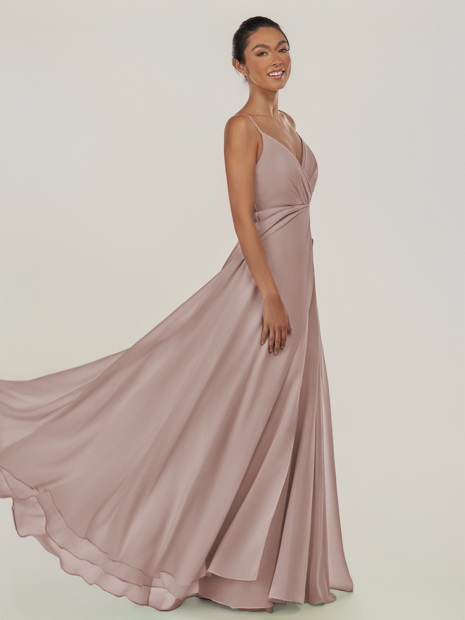 KissDress-Risa Toffee A Line Chiffon V Neck Long Bridesmaid Dress with Pleats