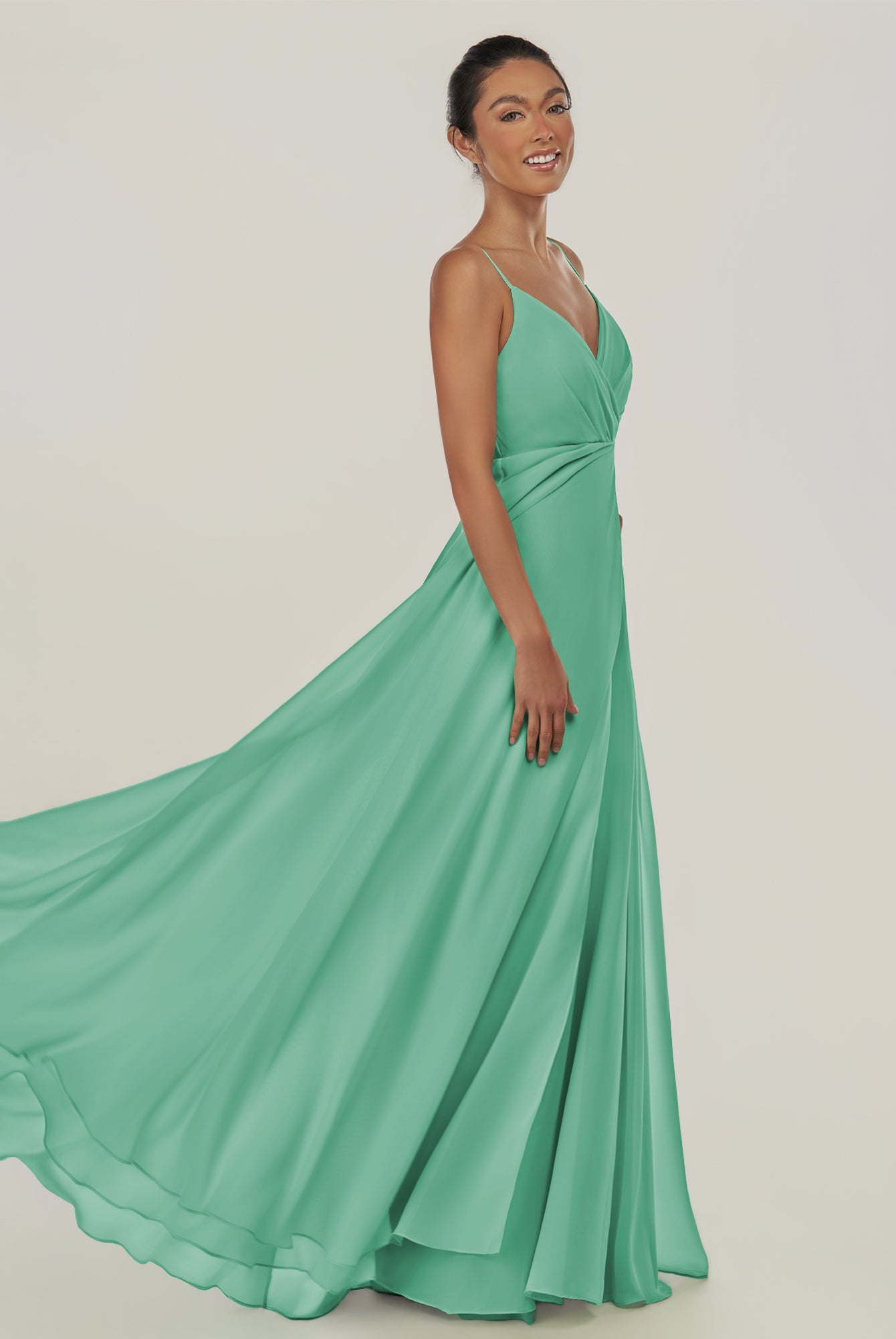KissDress-Risa Turquoise A Line Chiffon V Neck Long Bridesmaid Dress with Pleats