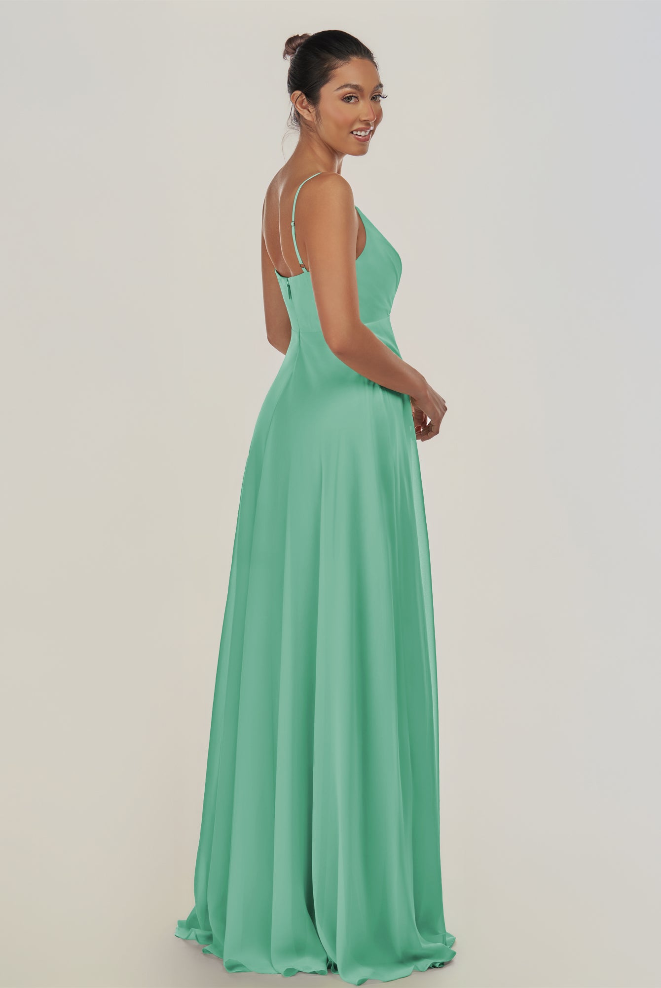 KissDress-Risa Turquoise A Line Chiffon V Neck Long Bridesmaid Dress with Pleats