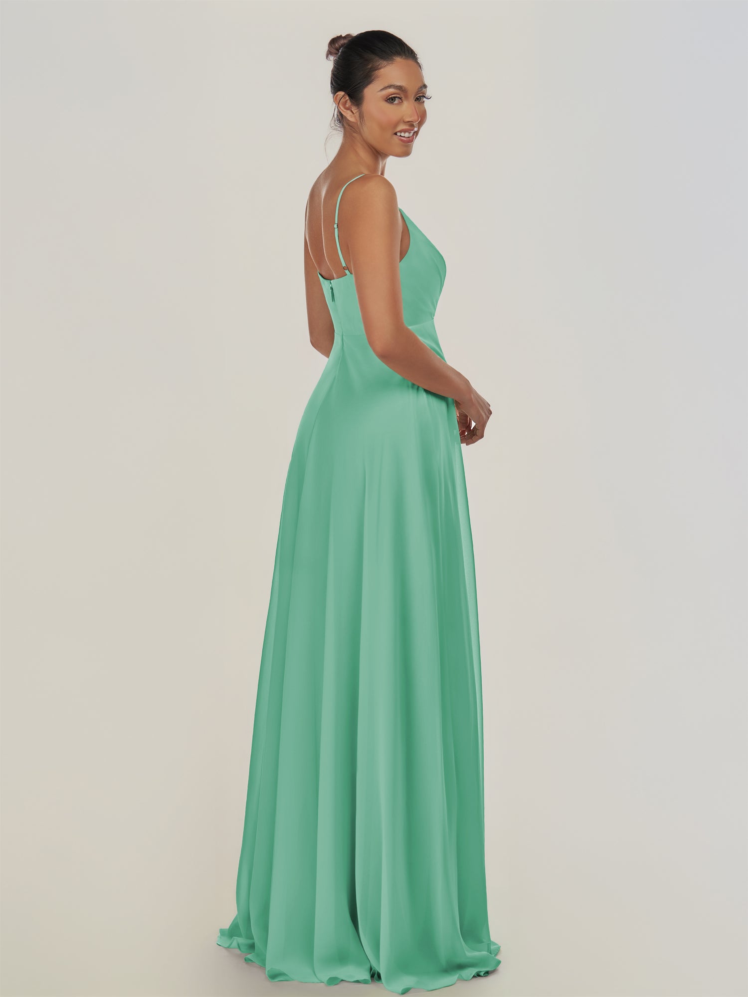 KissDress-Risa Turquoise A Line Chiffon V Neck Long Bridesmaid Dress with Pleats