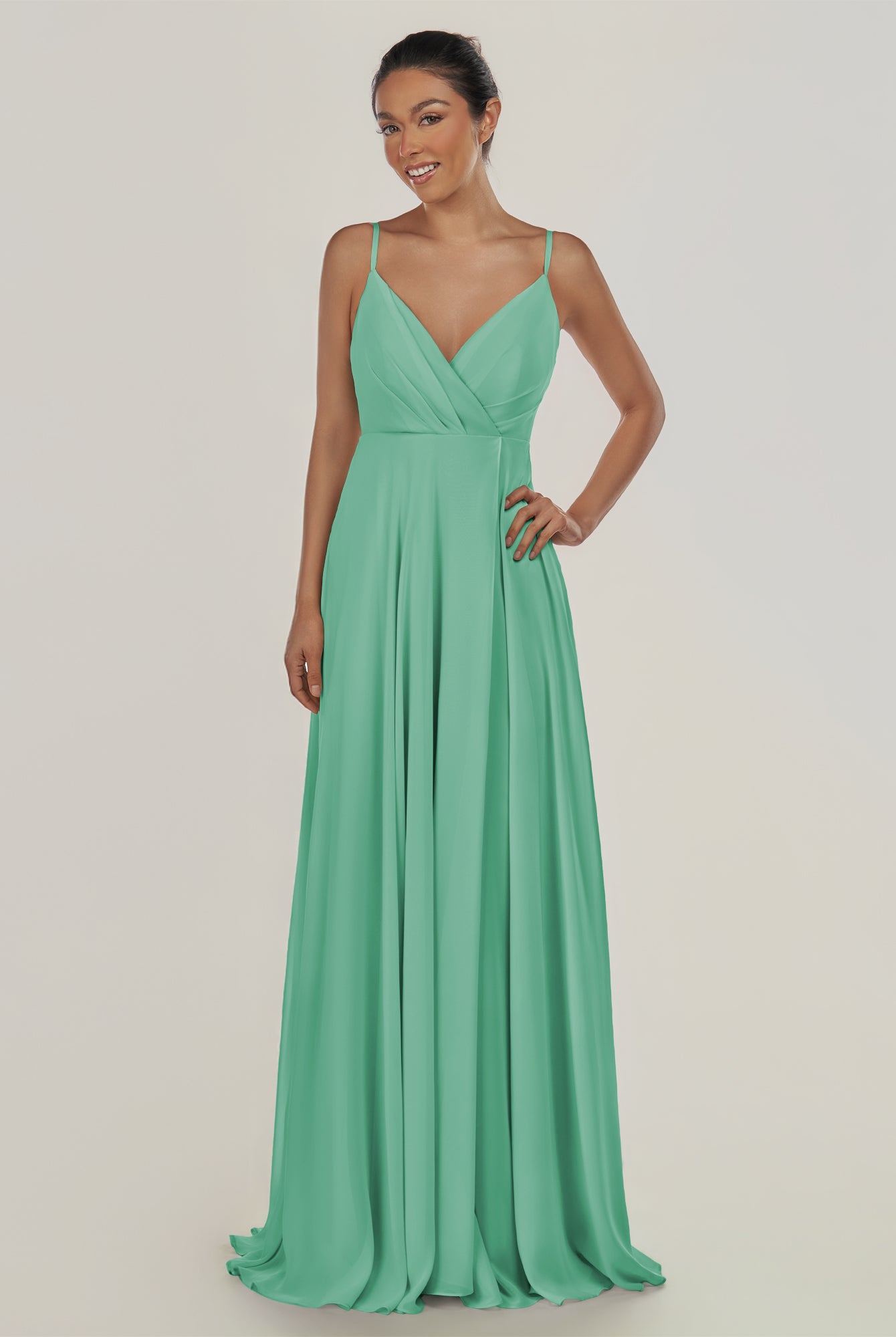 KissDress-Risa Turquoise A Line Chiffon V Neck Long Bridesmaid Dress with Pleats