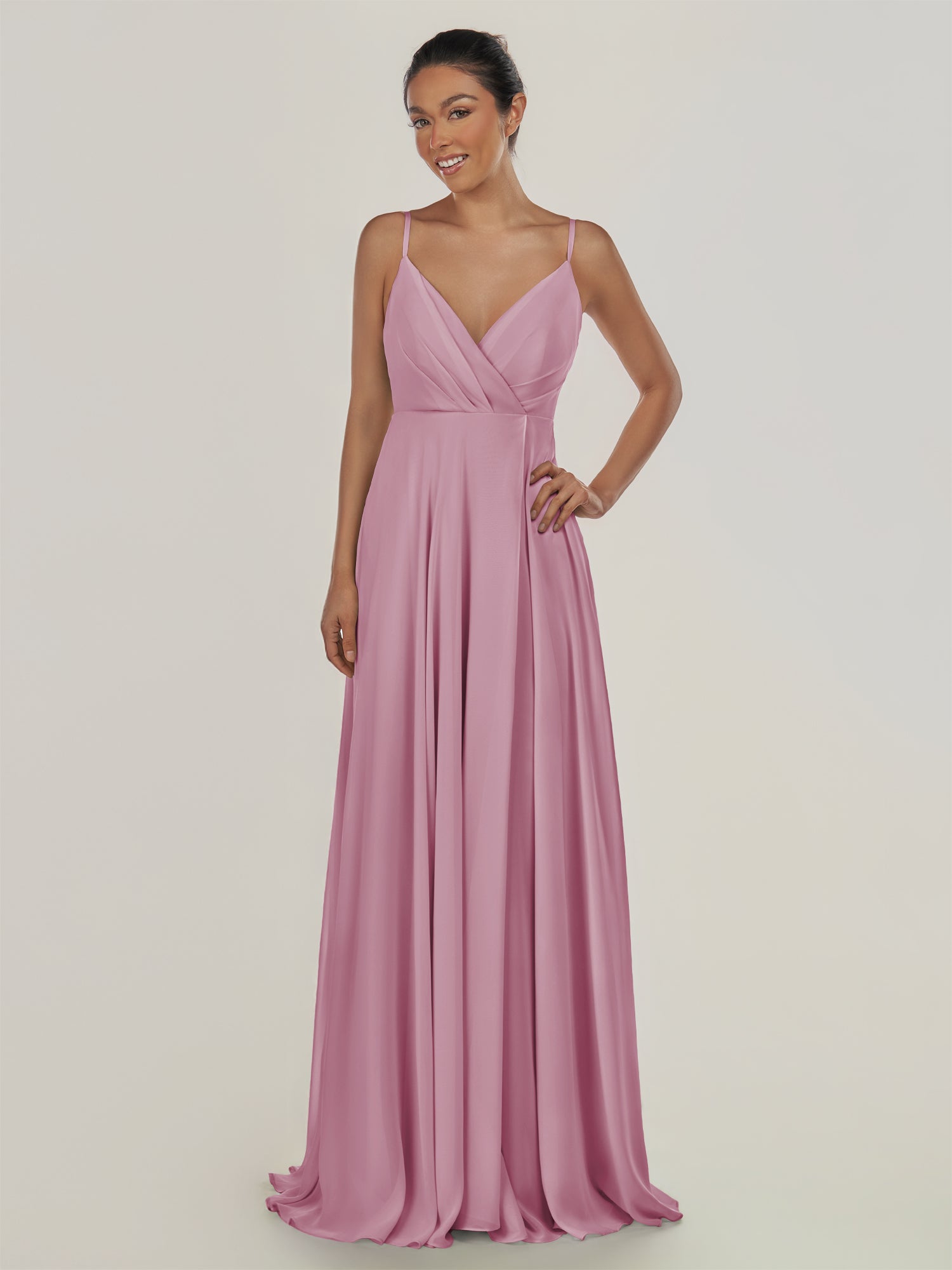 KissDress-Risa Vintage Mauve A Line Chiffon V Neck Long Bridesmaid Dress with Pleats