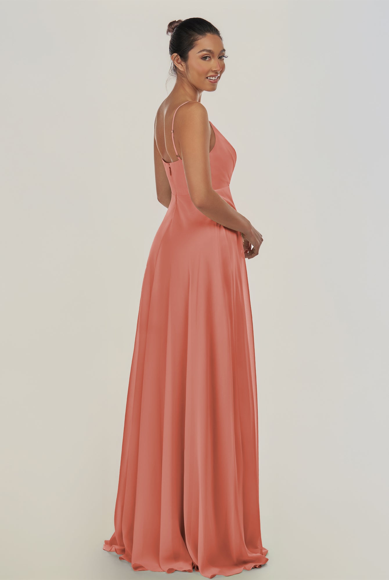 KissDress-Risa Wild Rose A Line Chiffon V Neck Long Bridesmaid Dress with Pleats
