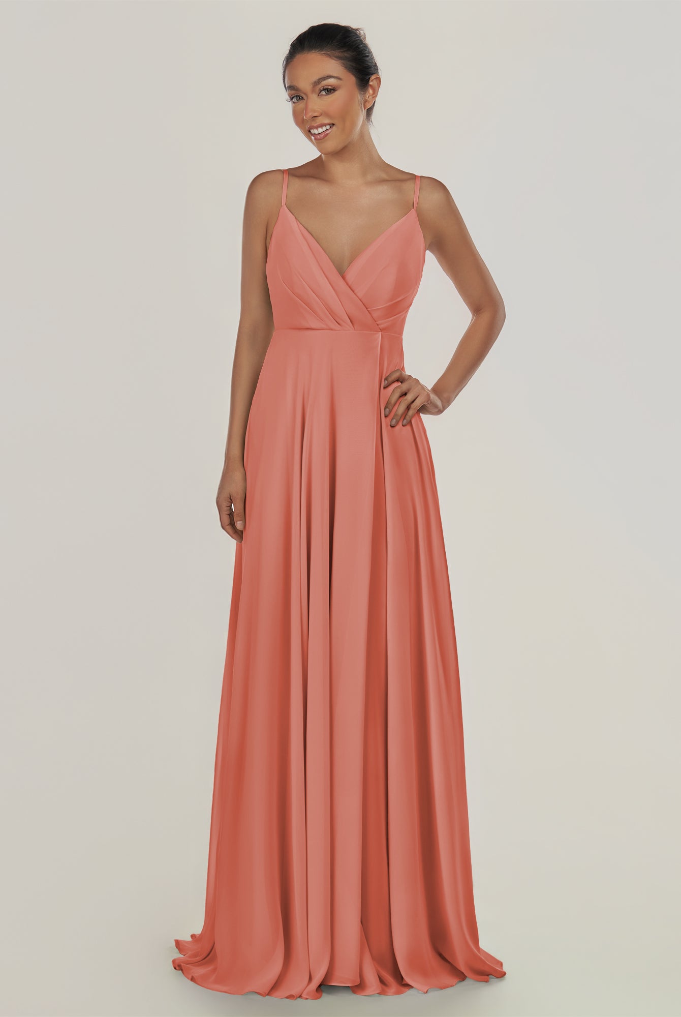 KissDress-Risa Wild Rose A Line Chiffon V Neck Long Bridesmaid Dress with Pleats
