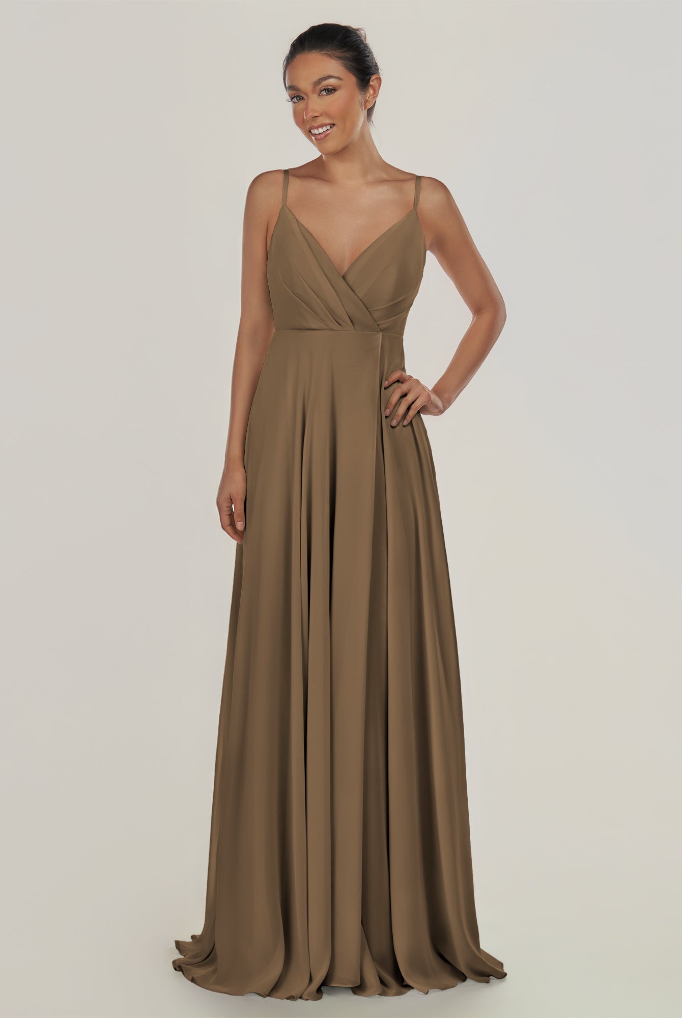 KissDress-Risa Willow Green A Line Chiffon V Neck Long Bridesmaid Dress with Pleats