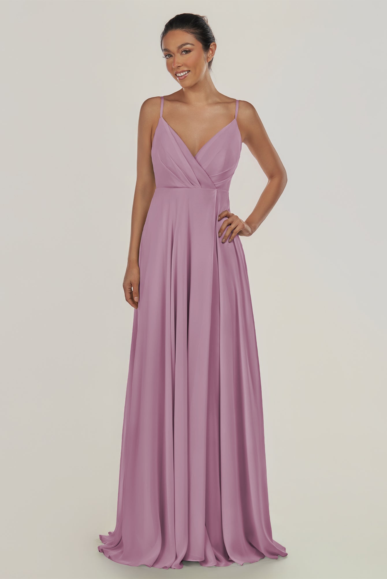 KissDress-Risa Wisteria A Line Chiffon V Neck Long Bridesmaid Dress with Pleats