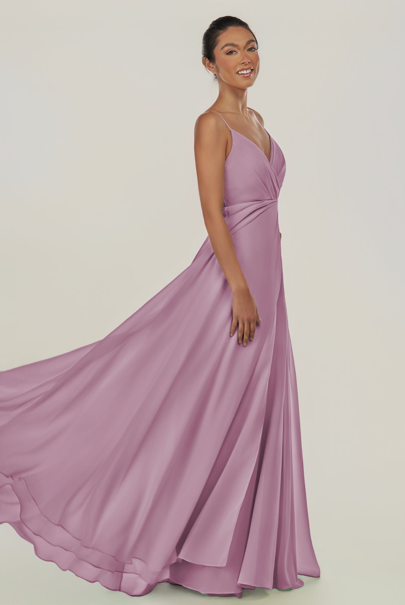 KissDress-Risa Wisteria A Line Chiffon V Neck Long Bridesmaid Dress with Pleats